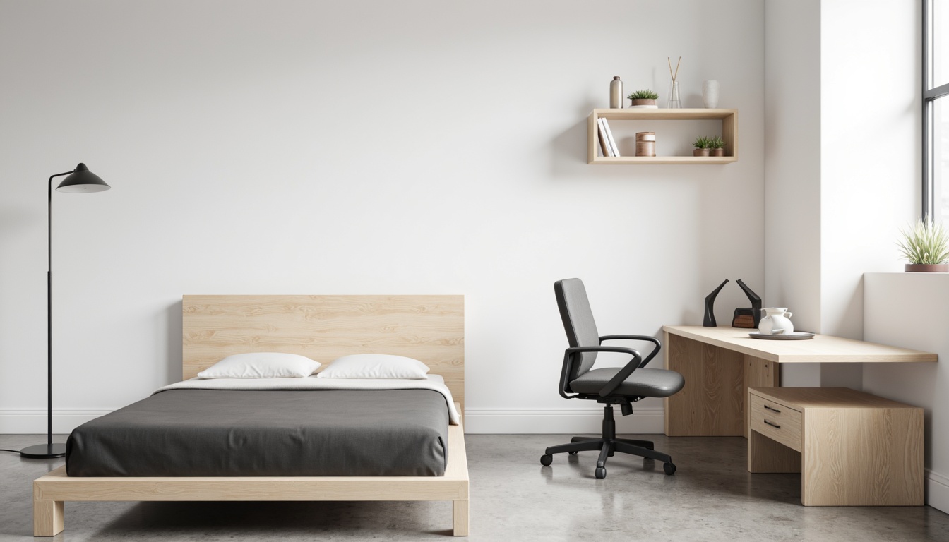 Prompt: Simple dorm room, minimal decor, monochromatic color scheme, sleek wooden furniture, low-profile bed frame, compact desk, ergonomic chair, geometric-shaped nightstand, industrial-style lighting fixtures, concrete floors, plain white walls, subtle textures, natural light, soft shadows, 1/1 composition, realistic rendering, ambient occlusion.