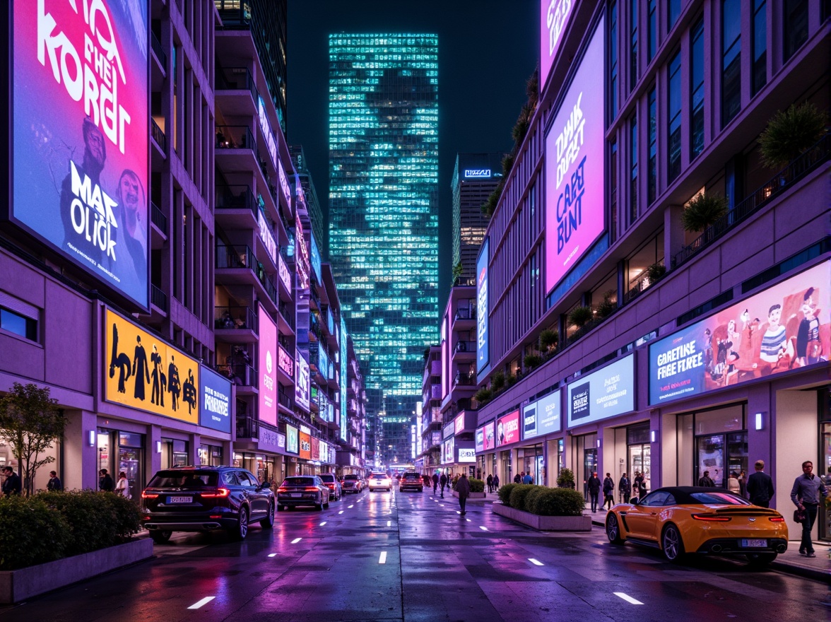 Prompt: Neon-lit cityscape, futuristic skyscrapers, iridescent glass facades, holographic advertisements, vibrant purple and green hues, metallic silver accents, glowing blue lines, sleek aerodynamic shapes, retro-futuristic nostalgia, cyberpunk influences, high-tech gadgetry, virtual reality interfaces, neon-drenched alleys, 3D projection mapping, cinematic lighting, shallow depth of field, 1/1 composition, futuristic typography, abstract geometric patterns.