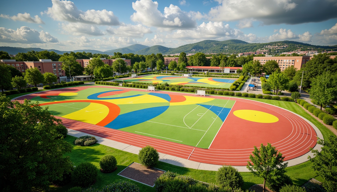 Prompt: Vibrant sports fields, eclectic color palette, bold stripes, bright yellows, deep blues, energetic oranges, lime greens, dynamic patterns, abstract shapes, modern athletic facilities, sleek track lanes, professional soccer goals, basketball courts, tennis nets, baseball diamonds, lush green grass, natural earthy tones, sunny day, soft warm lighting, shallow depth of field, 3/4 composition, panoramic view, realistic textures, ambient occlusion.