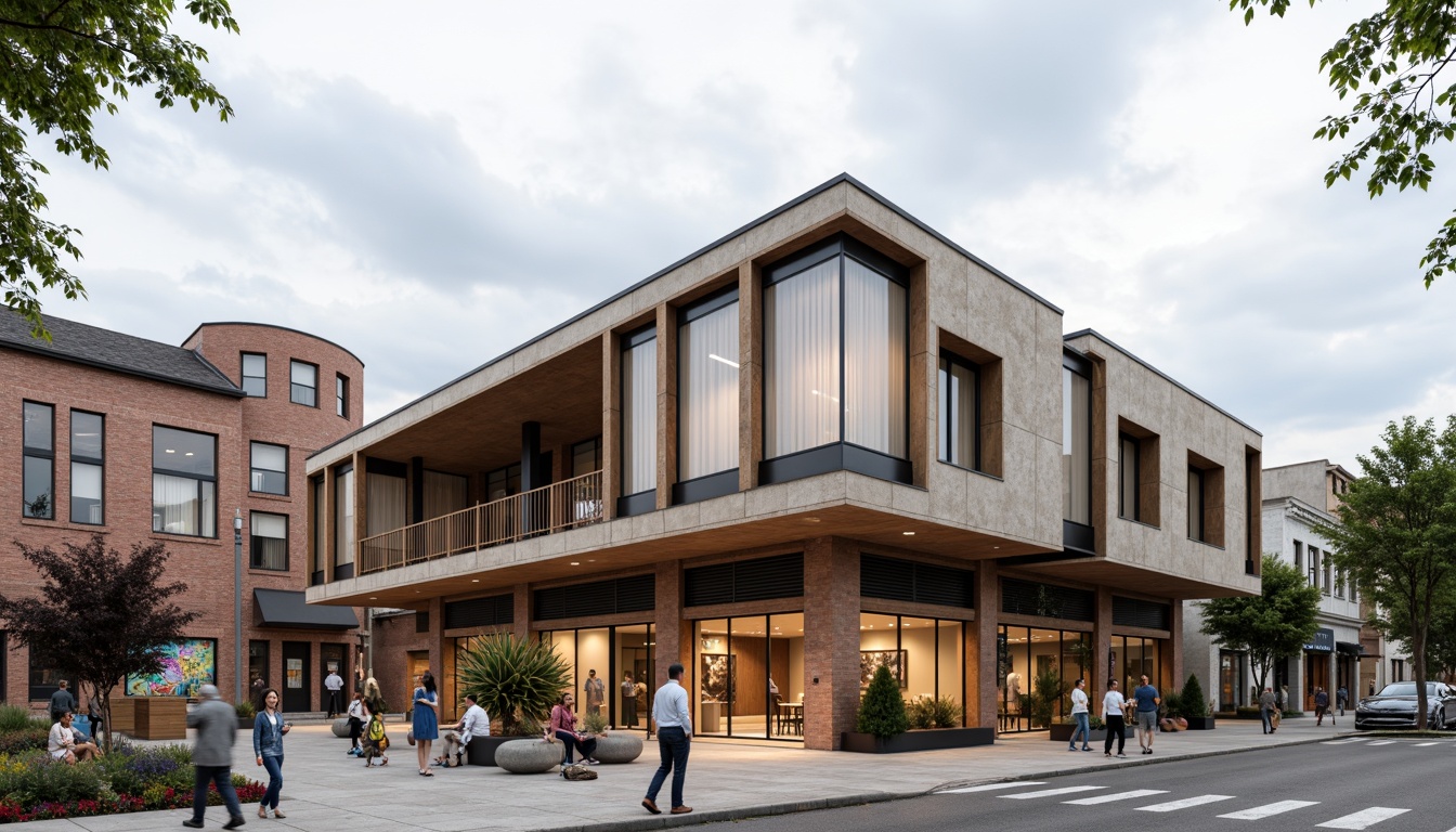 Prompt: Rustic community center, Bauhaus-inspired facade, rectangular forms, clean lines, industrial materials, exposed brick walls, steel beams, large windows, minimalist decor, functional simplicity, earthy color palette, natural textures, communal outdoor spaces, vibrant street art, urban landscape, cloudy sky, soft diffused lighting, 1/1 composition, realistic renderings, ambient occlusion.