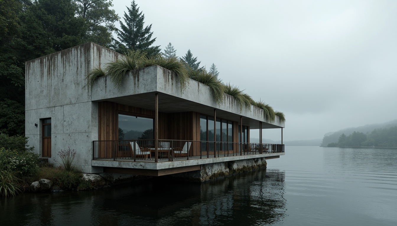 Prompt: Rugged boathouse, brutalist facade, raw concrete walls, weathered wooden accents, industrial metal frames, oversized windows, minimalist decor, nautical ropes, distressed wood textures, rusty metal details, dramatic shadows, low-key lighting, cinematic composition, atmospheric mist, mysterious lake surroundings, dense forest backdrop, overcast sky, subtle color palette, rough-hewn stone foundations.