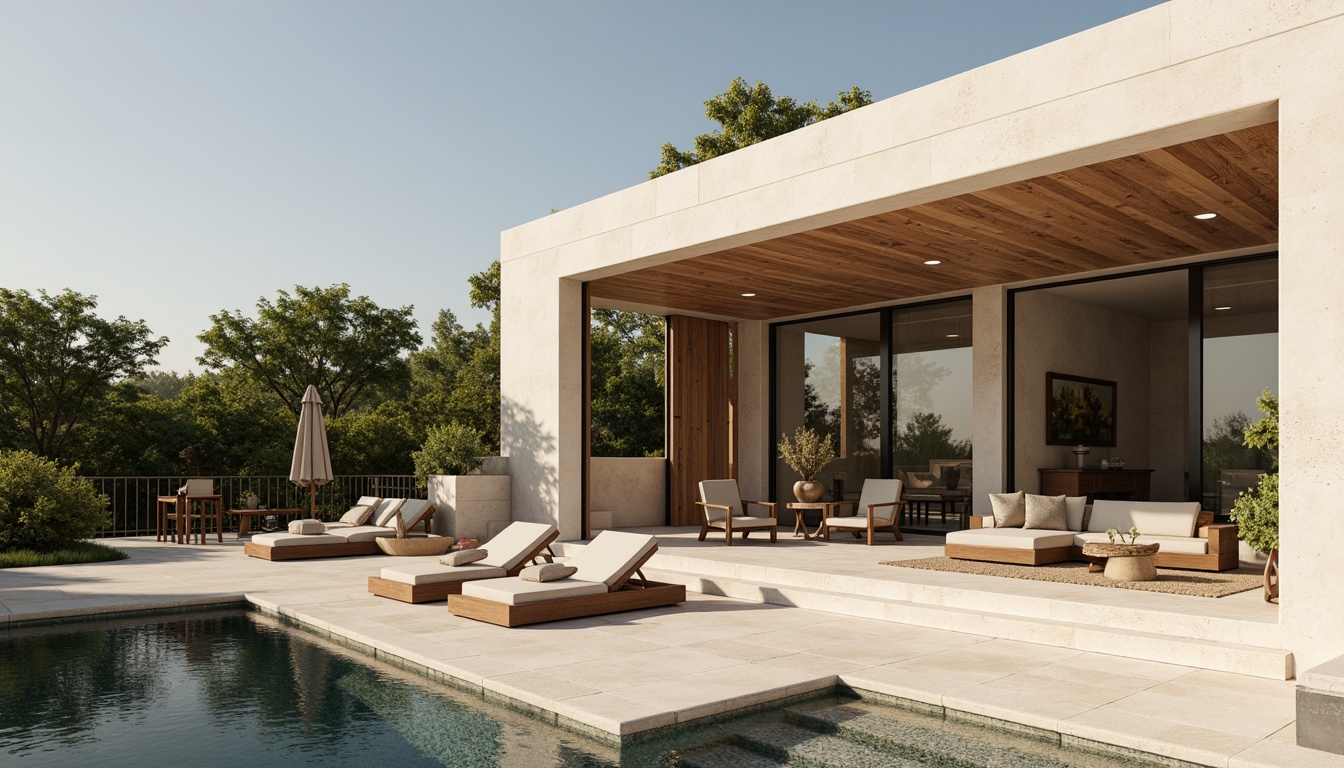 Prompt: Luxurious villa, modernist architecture, clean lines, minimal ornamentation, large windows, sliding glass doors, open-plan living spaces, high ceilings, polished concrete floors, warm beige walls, rich wood accents, sleek metal fixtures, subtle color palette, soft creamy whites, gentle grays, taupe undertones, earthy browns, muted blues, natural stone textures, lush greenery, serene outdoor spaces, sunny day, soft warm lighting, shallow depth of field, 3/4 composition, panoramic view, realistic textures, ambient occlusion.