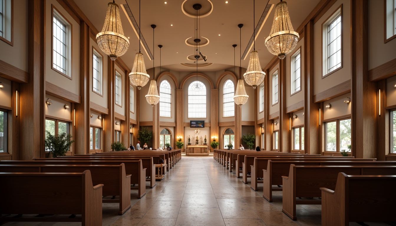 Prompt: Elegant worship hall, high ceilings, grand chandeliers, soft warm lighting, subtle color temperature, ambient illumination, LED strip lights, minimalist fixtures, sleek metal accents, natural stone flooring, wooden pews, stained glass windows, vaulted arches, ornate details, sacred symbols, peaceful atmosphere, morning light, gentle shadows, 1/1 composition, realistic textures, subtle glow.