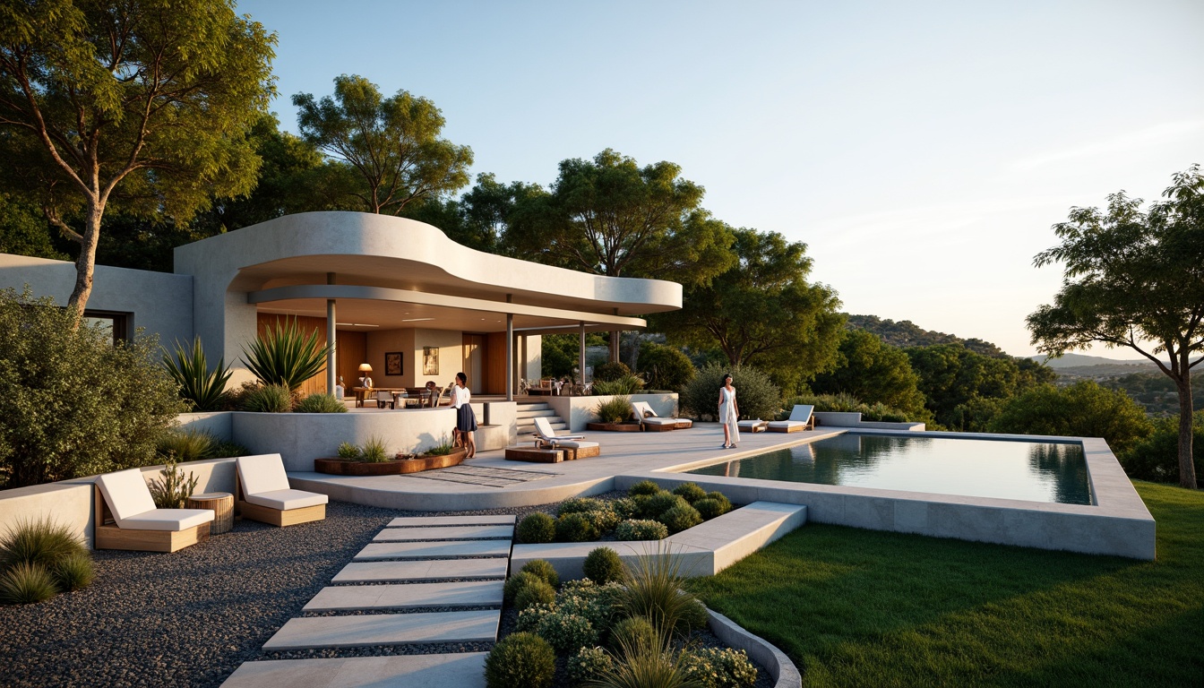 Prompt: Lush greenery, curved lines, minimalist villa, modernist architecture, sleek stone walls, large windows, sliding glass doors, infinity pool, sunken seating area, outdoor fireplace, ambient lighting, warm beige tones, natural textures, Mediterranean plants, olive trees, succulents, gravel pathways, wooden decks, cantilevered roofs, panoramic views, shallow depth of field, 3/4 composition, realistic rendering.