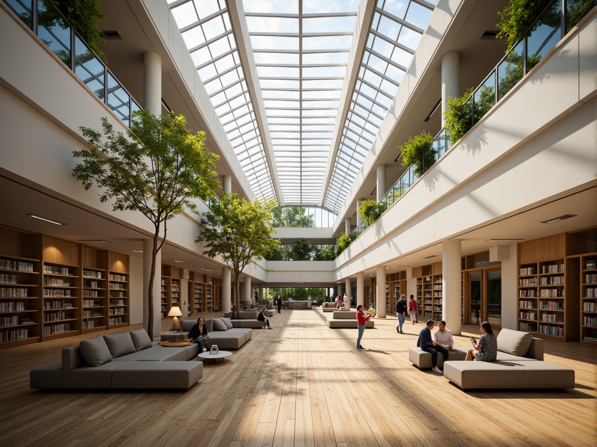 Prompt: Spacious library interior, abundant natural light, floor-to-ceiling windows, minimalist shelving, wooden floors, comfortable reading nooks, cozy study areas, soft warm lighting, indirect sunlight, clerestory windows, skylights, open atriums, green roofs, lush vegetation, serene atmosphere, modern architecture, sustainable design, eco-friendly materials, energy-efficient systems, calm color palette, subtle textures, shallow depth of field, 1/1 composition, realistic rendering.