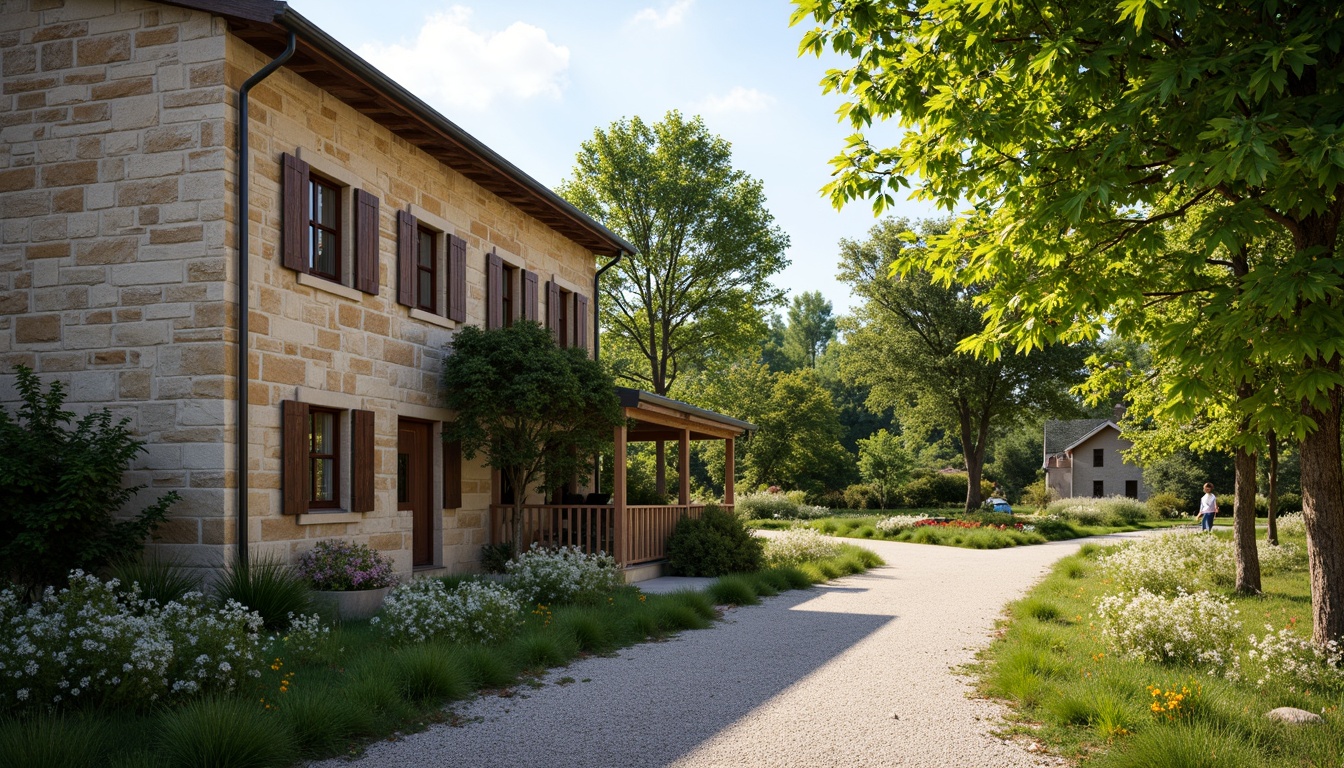 Prompt: Rustic rural cottage, natural stone walls, wooden shutters, earthy color palette, pitched roof, overhanging eaves, lush greenery, blooming wildflowers, winding country roads, serene countryside, warm sunny day, soft diffused lighting, shallow depth of field, 1/2 composition, intimate framing, realistic textures, ambient occlusion.