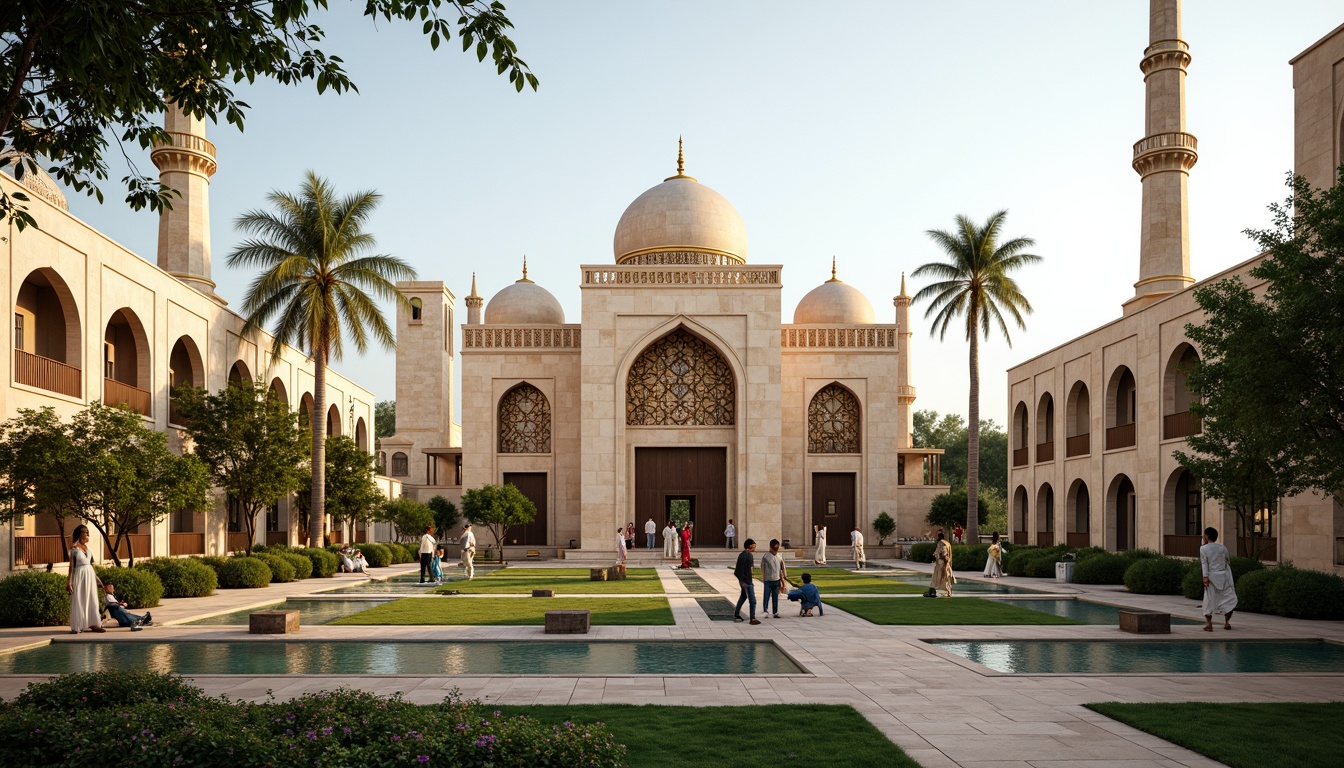 Prompt: Elegant mosque, intricately patterned domes, minarets, Islamic calligraphy, natural stone fa\u00e7ades, lush green courtyards, water features, serene ambiance, soft warm lighting, shallow depth of field, 3/4 composition, panoramic view, realistic textures, ambient occlusion, eco-friendly materials, renewable energy systems, solar panels, wind turbines, rainwater harvesting, green roofs, innovative cooling technologies, shaded outdoor spaces, misting systems, Arabic-inspired geometric motifs, vibrant colorful textiles.