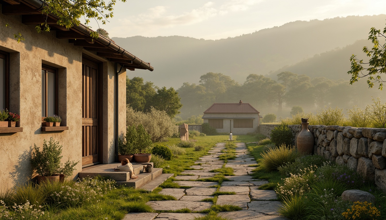 Prompt: Rustic rural landscape, earthy tones, warm beige, soft sage, mossy green, weathered wood textures, vintage metal accents, distressed stone walls, wildflower fields, rolling hills, serene countryside, misty morning light, soft focus, shallow depth of field, 1/2 composition, naturalistic colors, organic shapes, whimsical patterns.