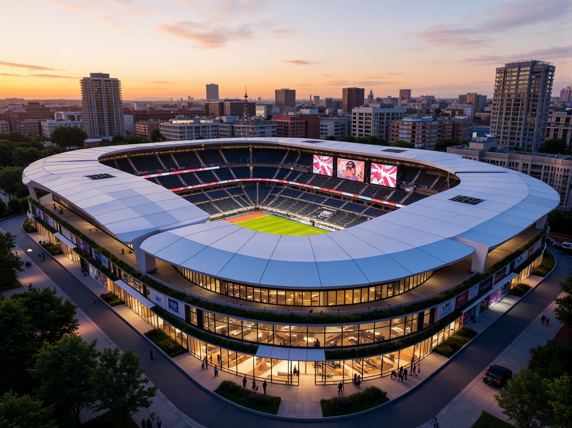 Prompt: Modern stadium architecture, sleek curved lines, vibrant LED lighting, retractable roofs, premium seating areas, luxury suites, VIP lounges, state-of-the-art scoreboards, dynamic advertising displays, integrated retail spaces, restaurants and bars, branded concessions, interactive exhibits, immersive fan experiences, high-tech security systems, efficient crowd management, accessible pedestrian routes, urban landscape integration, bustling cityscape backdrop, warm golden hour lighting, shallow depth of field, 1/2 composition, realistic textures, ambient occlusion.