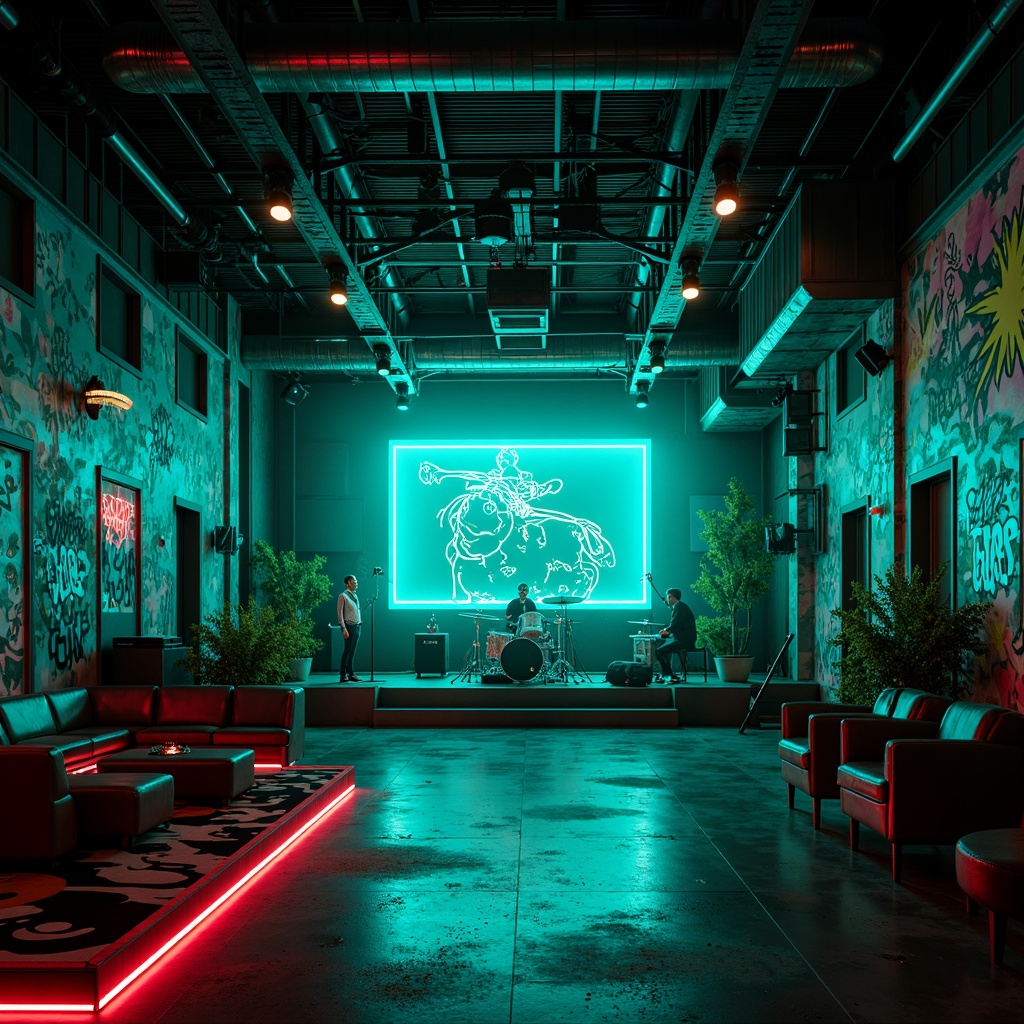 Prompt: Vibrant teal accents, neon lights, dynamic stage design, eclectic music instruments, graffiti walls, industrial metal beams, polished concrete floors, trendy lounge seating, retro-futuristic decor, edgy urban atmosphere, moody dim lighting, shallow depth of field, 1/1 composition, cinematic view, realistic textures, ambient occlusion.