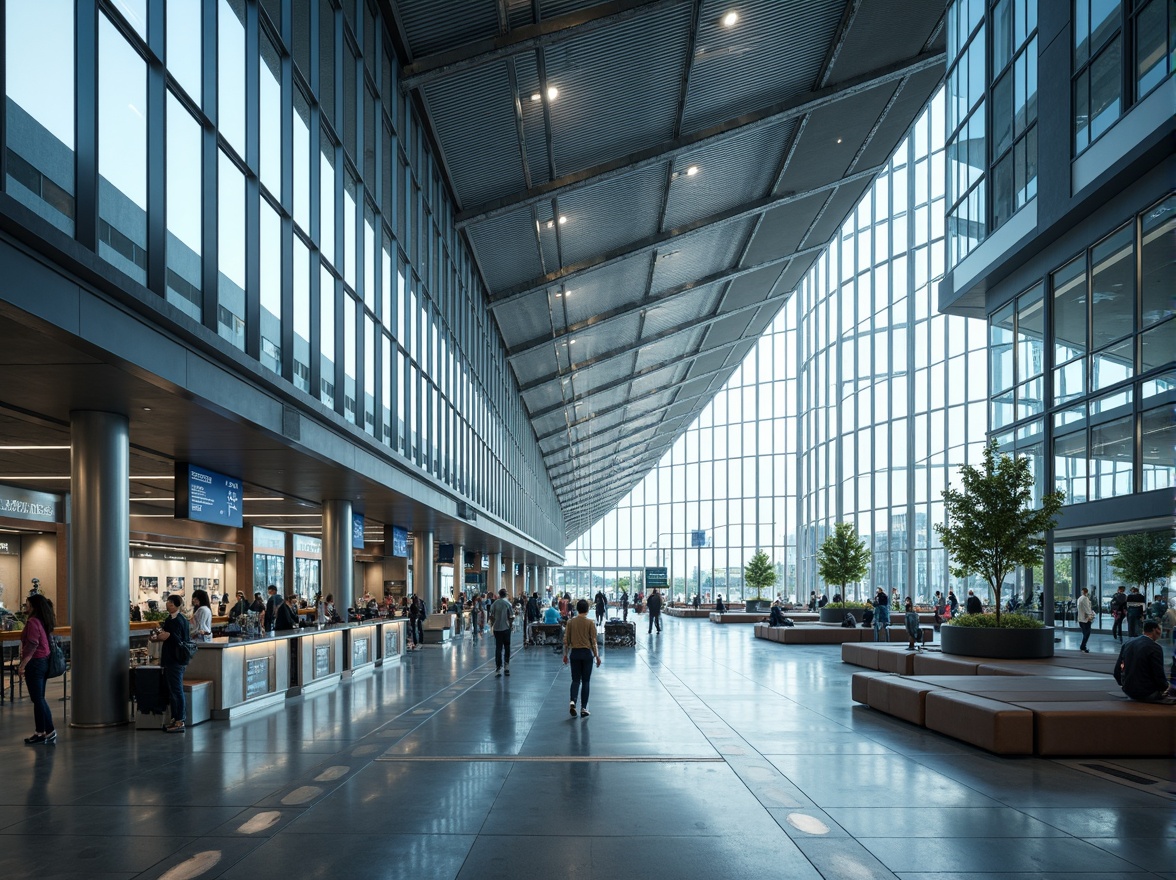 Prompt: Aerodynamic airport terminal, sleek glass fa\u00e7ade, metallic cladding, cantilevered rooflines, minimalist columns, modernist architecture, large windows, sliding doors, LED lighting systems, futuristic interior design, spacious atriums, polished marble floors, stainless steel handrails, dynamic escalators, panoramic views, shallow depth of field, 3/4 composition, realistic reflections, ambient occlusion.