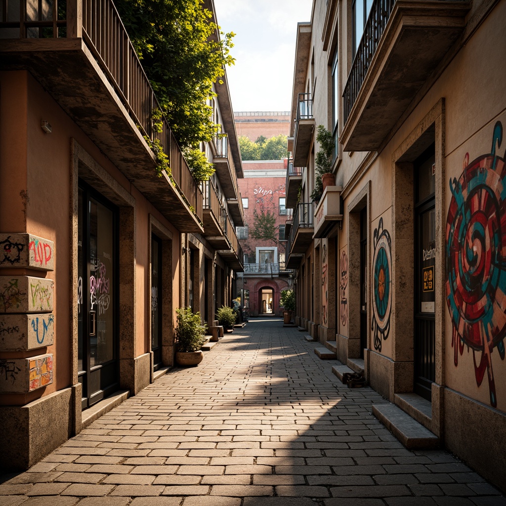 Prompt: Rustic wooden planks, distressed metal sheets, rough stone walls, vibrant graffiti murals, eclectic urban landscapes, gritty alleyways, worn brick facades, ornate architectural details, intricate mosaic patterns, warm golden lighting, shallow depth of field, 1/1 composition, realistic textures, ambient occlusion.