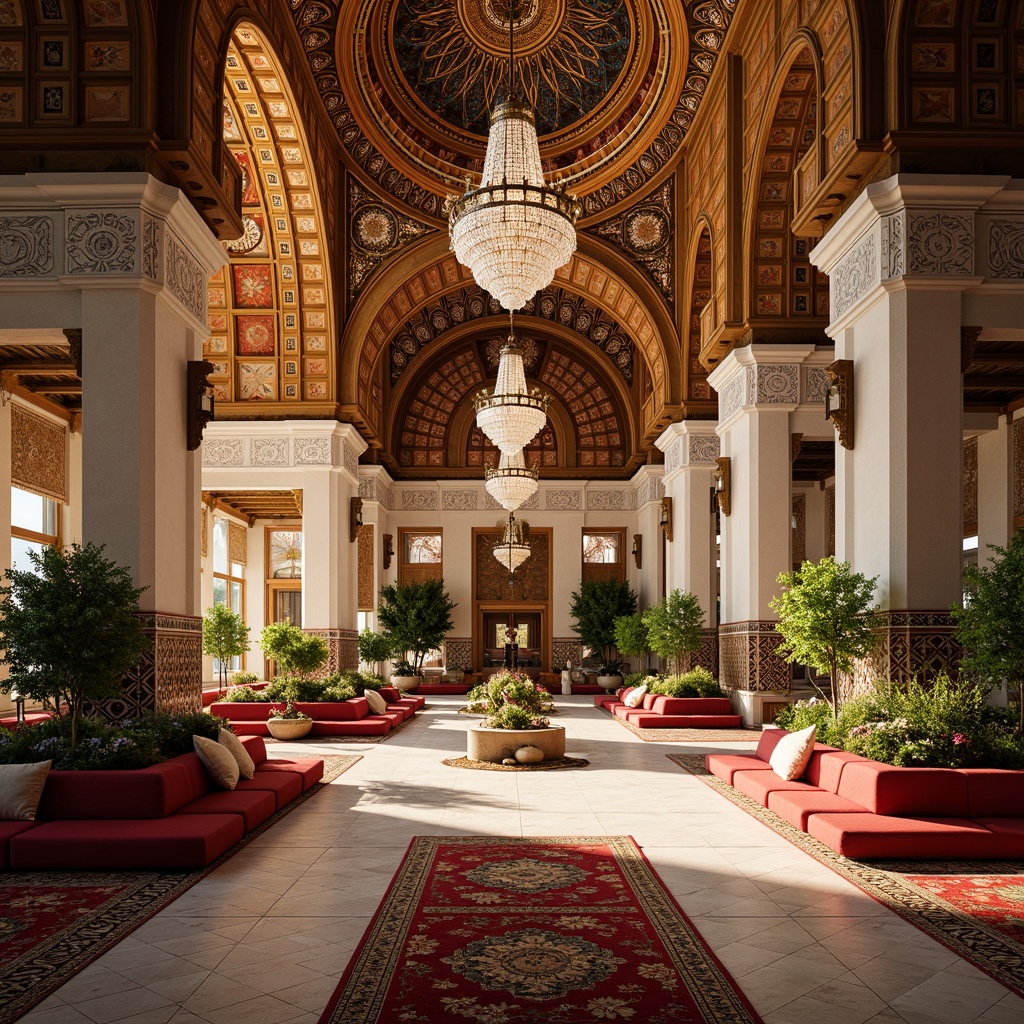 Prompt: Vibrant Islamic-inspired architecture, intricate geometric motifs, ornate tile work, symmetrical archways, grand domes, minarets, colorful mosaics, luxurious textiles, opulent furnishings, lavish decorations, majestic columns, grandiose chandeliers, warm golden lighting, shallow depth of field, 3/4 composition, panoramic view, realistic textures, ambient occlusion.