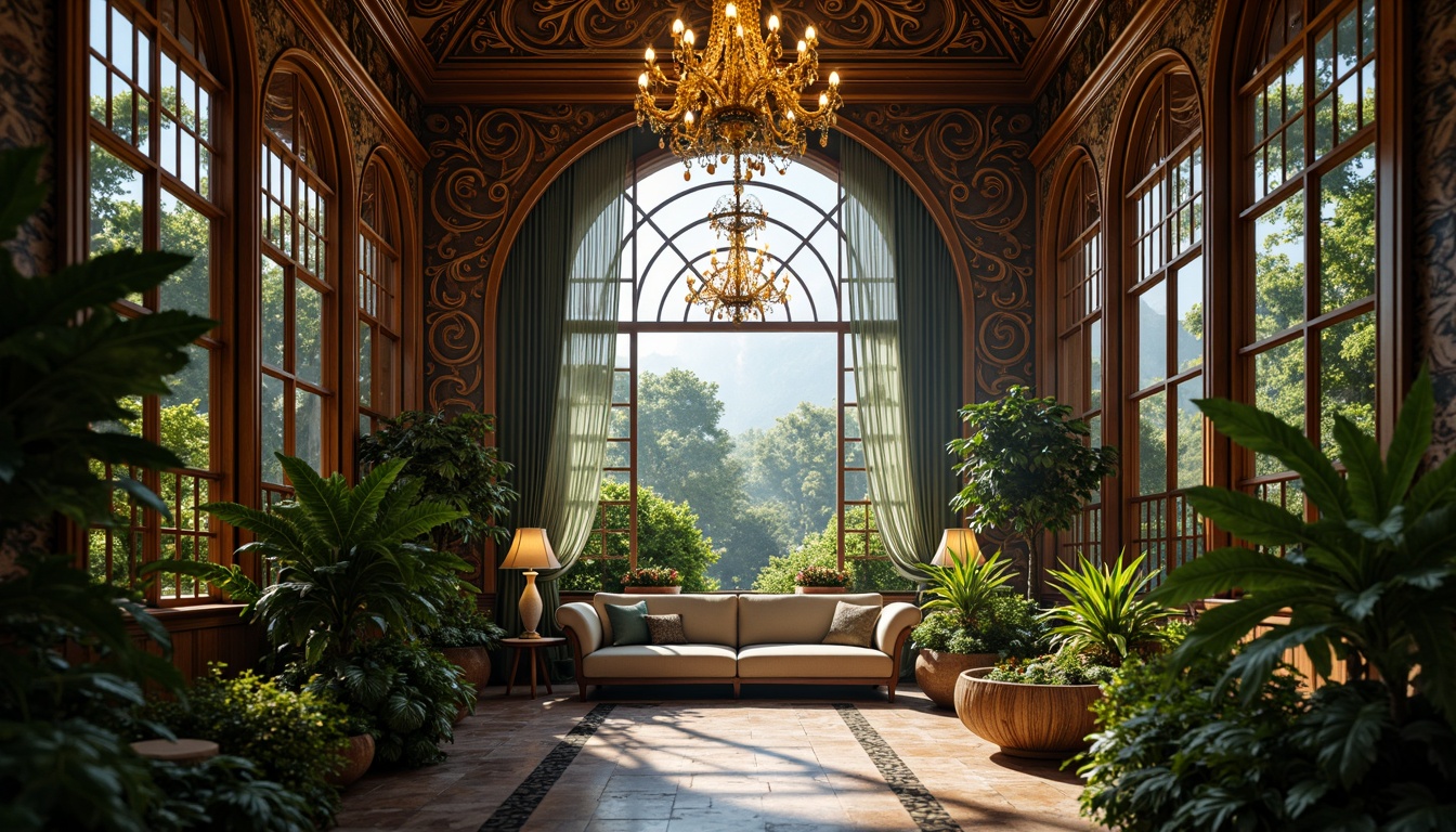 Prompt: Intricate ironwork, lush greenery, ornate wooden accents, grandiose chandeliers, lavish furnishings, velvet drapes, golden ornaments, intricate stone carvings, curved lines, symmetrical architecture, opulent decorations, warm soft lighting, shallow depth of field, 1/1 composition, realistic textures, ambient occlusion, luxurious atmosphere, tropical plants, exotic flowers, misty ambiance, serene surroundings.