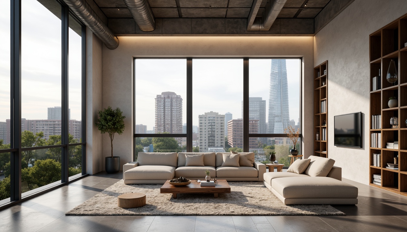 Prompt: Modern minimalist living room, sleek low-profile furniture, neutral color palette, textured rugs, floor-to-ceiling windows, natural light pouring in, urban cityscape views, industrial-chic exposed ductwork, polished concrete floors, geometric-shaped coffee tables, plush sectional sofas, ambient warm lighting, 1/1 composition, shallow depth of field, realistic reflections, cozy reading nooks, built-in shelving units, hidden storage compartments, smart home automation systems.