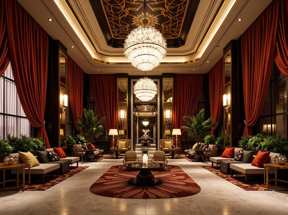 Prompt: Luxurious art deco interior, opulent geometric shapes, metallic accents, ornate patterns, chevron designs, zigzag motifs, sunburst patterns, stylized florals, bold color schemes, lavish textiles, velvet fabrics, chrome fixtures, crystal chandeliers, marble floors, high-contrast lighting, dramatic shadows, cinematic composition, low-angle shot, symmetrical framing, ornate moldings, gilded details, luxurious materials.