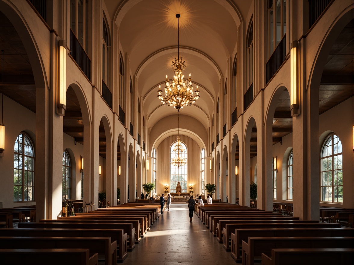 Prompt: Elegant worship hall, high ceilings, grand chandeliers, soft warm lighting, subtle color temperature, ambient illumination, LED strip lights, minimalist fixtures, sacred symbols, intricate stone carvings, stained glass windows, natural light pouring in, dramatic shadows, 1/1 composition, symmetrical framing, realistic textures, atmospheric rendering.