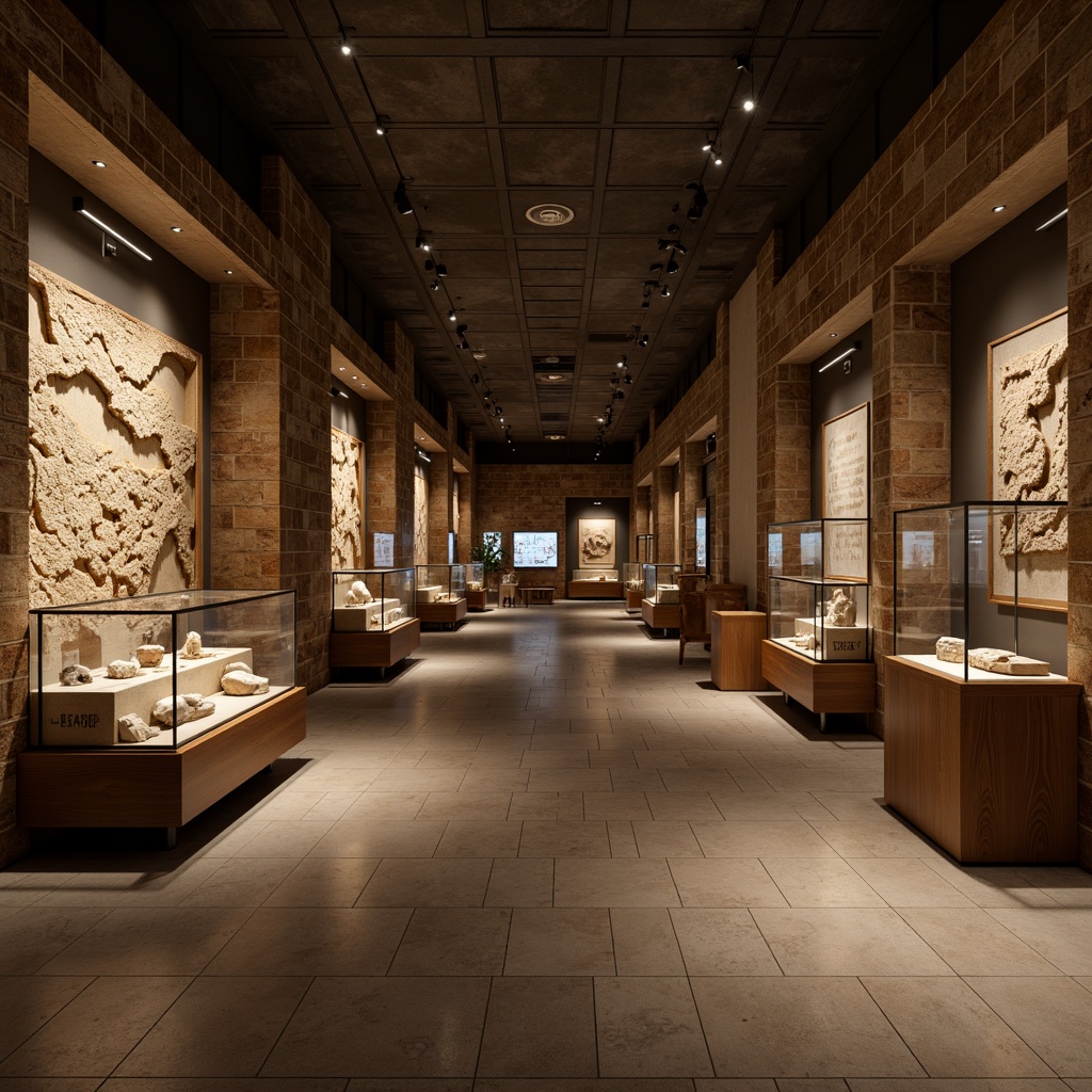 Prompt: Ancient artifacts, museum exhibits, textured stone walls, polished marble floors, wooden display cases, glass shelves, dim warm lighting, soft shadows, subtle color palette, natural history dioramas, fossil displays, ancient civilizations, cultural heritage, educational signage, interactive exhibits, immersive experiences, 3D projections, panoramic views, realistic textures, ambient occlusion.