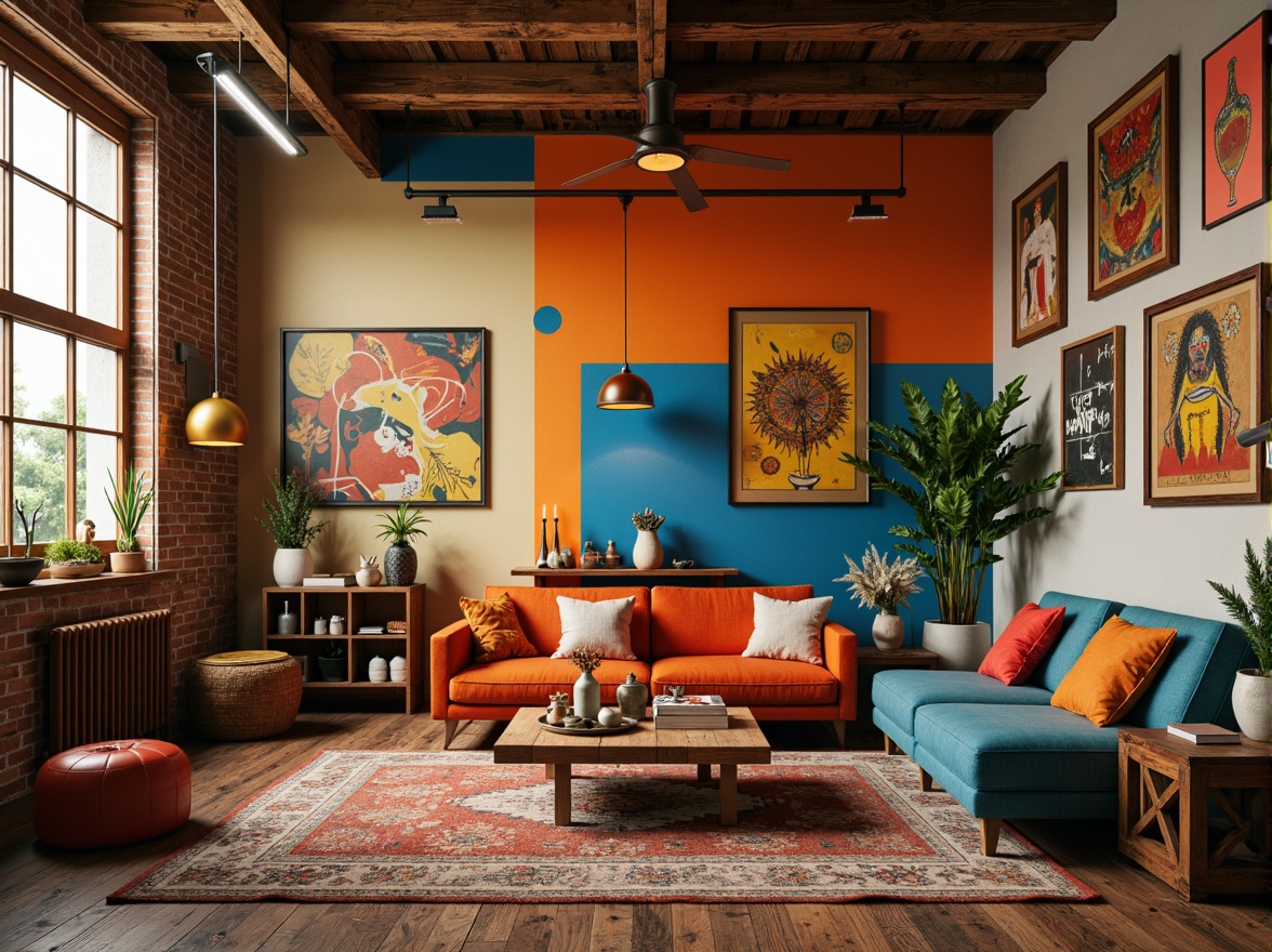 Prompt: Vibrant artistic studio, eclectic furniture, bold color blocking, contrasting textures, abstract artwork, statement lighting fixtures, industrial metal accents, reclaimed wood floors, bohemian-inspired rugs, natural fiber textiles, earthy tone ceramics, warm golden lighting, shallow depth of field, 1/1 composition, realistic renderings, ambient occlusion.