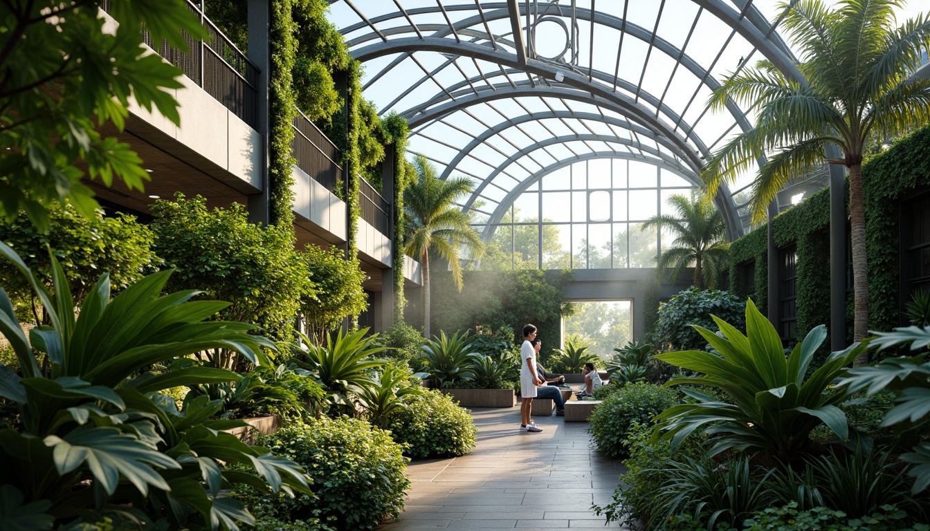 Prompt: Lush tropical plants, futuristic greenhouse architecture, curved glass surfaces, steel frames, automated irrigation systems, misting humidifiers, natural ventilation, abundant sunlight, soft warm lighting, shallow depth of field, 3/4 composition, panoramic view, realistic textures, ambient occlusion, vibrant green walls, living roofs, organic shapes, biomimicry elements, sustainable materials, eco-friendly systems, innovative climate control, futuristic furniture, minimalist decor, serene ambiance, peaceful atmosphere.