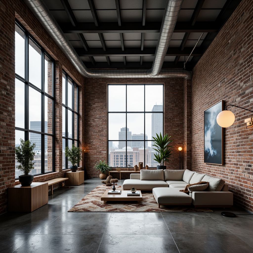 Prompt: Industrial chic loft, exposed brick walls, metal beams, polished concrete floors, minimalist decor, sleek lines, modern high-tech gadgets, futuristic lighting fixtures, floor-to-ceiling windows, cityscape views, urban landscape, cloudy day, soft natural light, shallow depth of field, 3/4 composition, panoramic view, realistic textures, ambient occlusion, reclaimed wood accents, industrial metal stairs, open-plan living area, cozy reading nooks, plush sectional sofas, geometric patterned rugs.