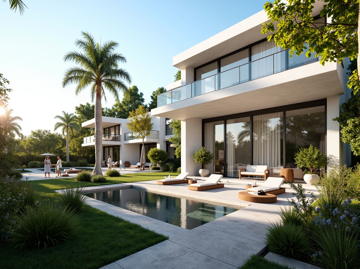 Prompt: Luxurious villa, modernist facade, clean lines, minimal ornamentation, large windows, sliding glass doors, white stucco walls, flat roofs, cantilevered balconies, steel railings, lush greenery, tropical plants, palm trees, sunny day, soft warm lighting, shallow depth of field, 3/4 composition, panoramic view, realistic textures, ambient occlusion.