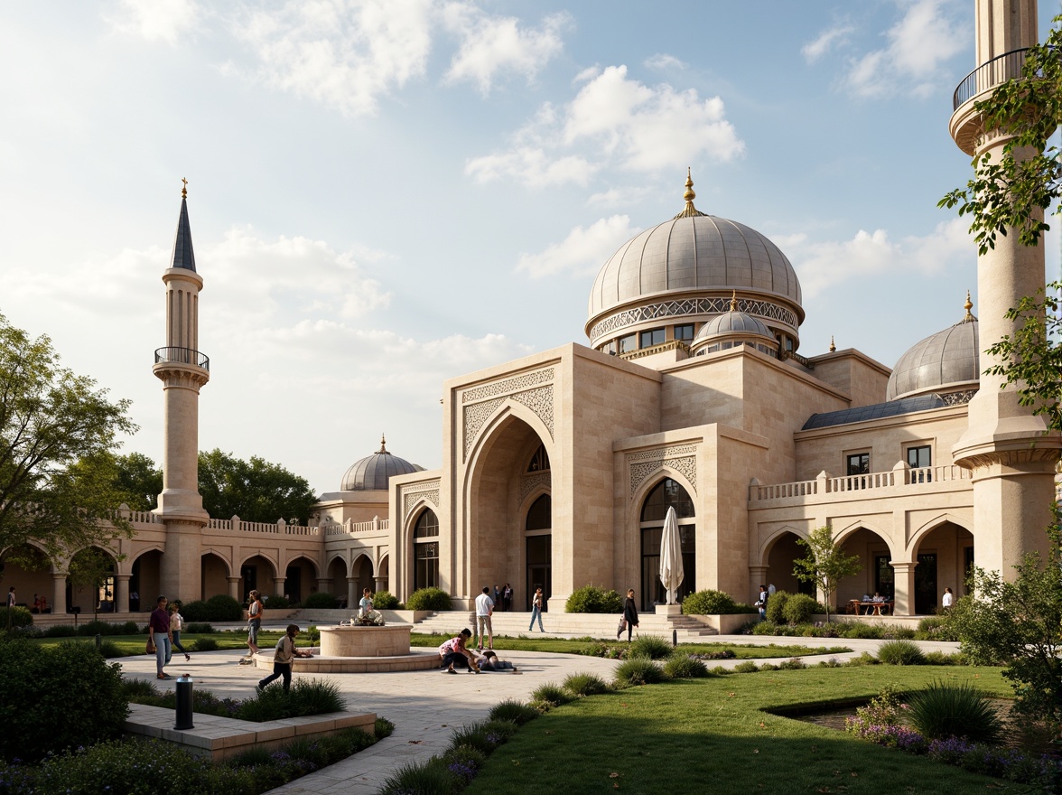 Prompt: Elegant mosque, intricately patterned domes, minarets, Islamic calligraphy, natural stone fa\u00e7ades, lush green courtyards, water features, serene ambiance, soft warm lighting, shallow depth of field, 3/4 composition, panoramic view, realistic textures, ambient occlusion, eco-friendly materials, renewable energy systems, solar panels, wind turbines, rainwater harvesting, green roofs, innovative cooling technologies, shaded outdoor spaces, misting systems, Arabic-inspired geometric motifs, vibrant colorful textiles.