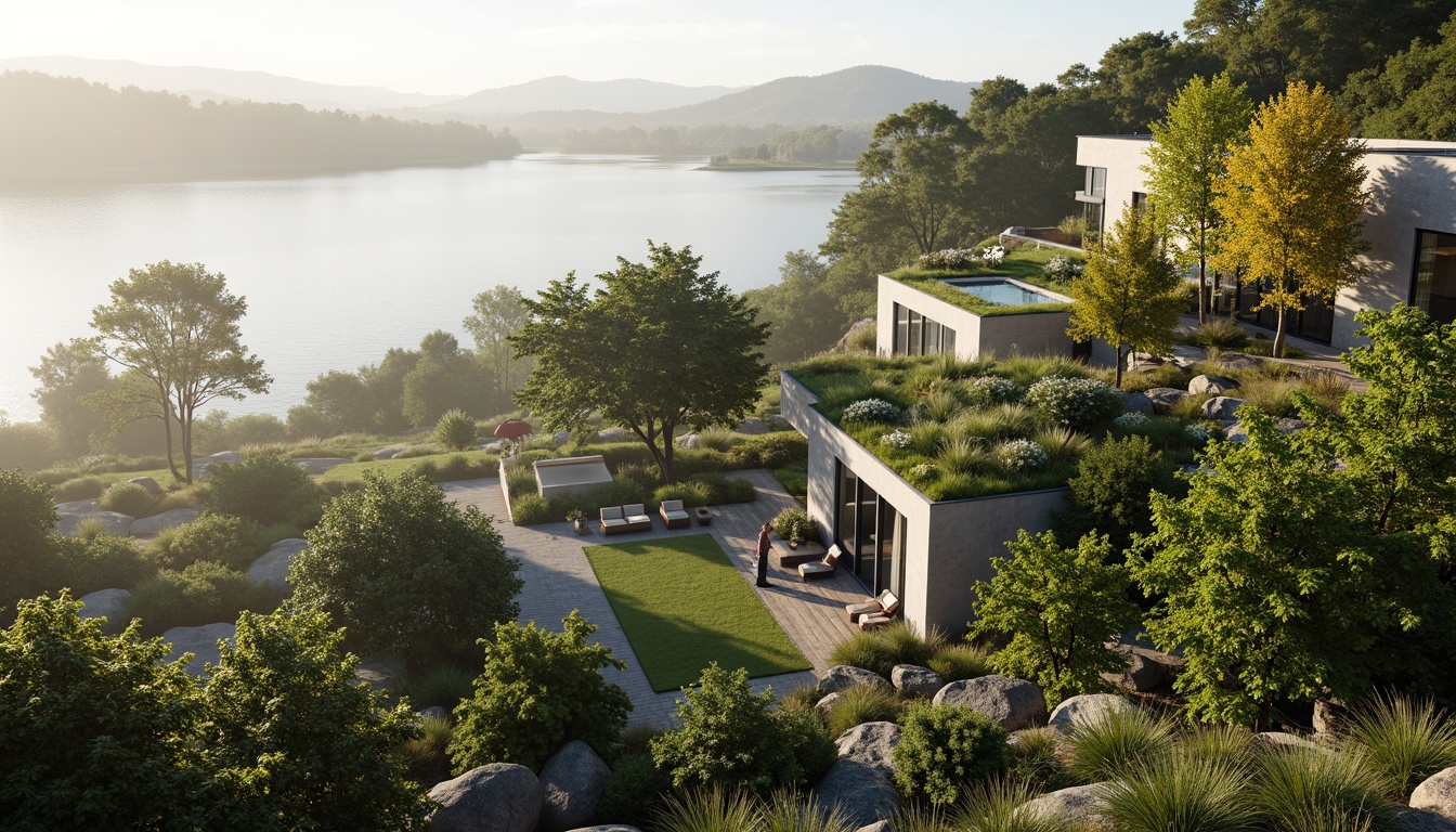 Prompt: Harmonious landscape integration, lush green roofs, vertical gardens, living walls, modern architecture designs, sleek glass facades, minimalist lines, natural stone accents, wooden decks, outdoor seating areas, scenic views, rolling hills, serene lakes, misty mornings, warm sunlight, soft shadows, 1/1 composition, atmospheric perspective, realistic textures, ambient occlusion.