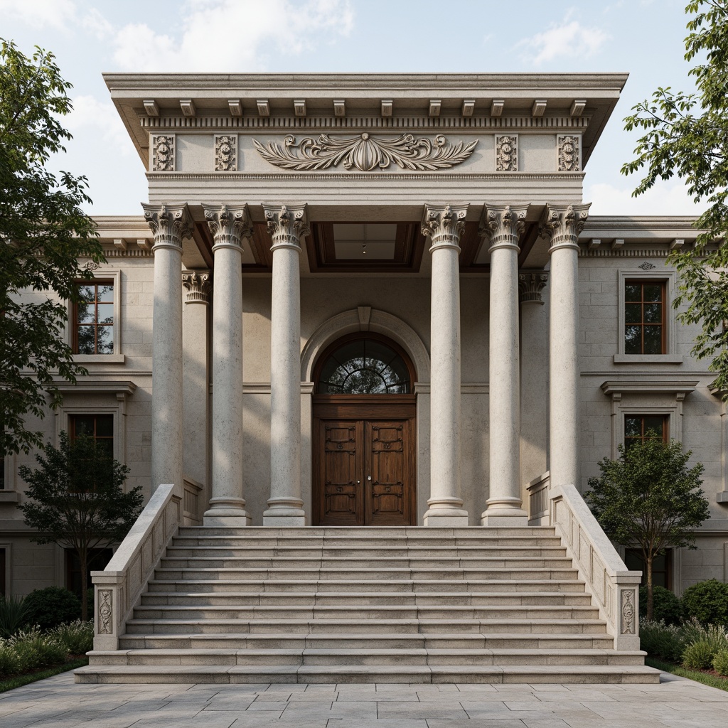 Prompt: Grandiose classical facade, ornate columns, intricately carved details, symmetrical composition, majestic entrance, sweeping arches, rusticated stone walls, ornamental balustrades, decorative pediments, grand staircases, elegant proportions, subtle color palette, soft natural lighting, shallow depth of field, 2/3 composition, realistic textures, ambient occlusion.