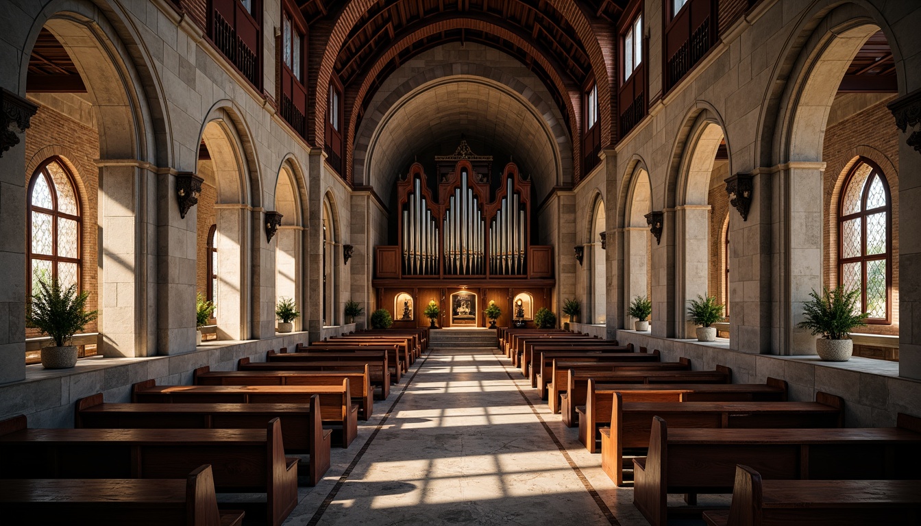 Prompt: Ancient stone walls, ornate wooden pews, stained glass windows, intricate marble floors, rustic brick arches, vaulted ceilings, grandiose pipe organs, luxurious velvet drapes, weathered copper roofs, distressed wood accents, smooth limestone columns, ornamental metalwork, mystical ambiance, warm soft lighting, high contrast ratio, dramatic shadows, 1/2 composition, symmetrical framing, realistic reflections, subtle ambient occlusion.