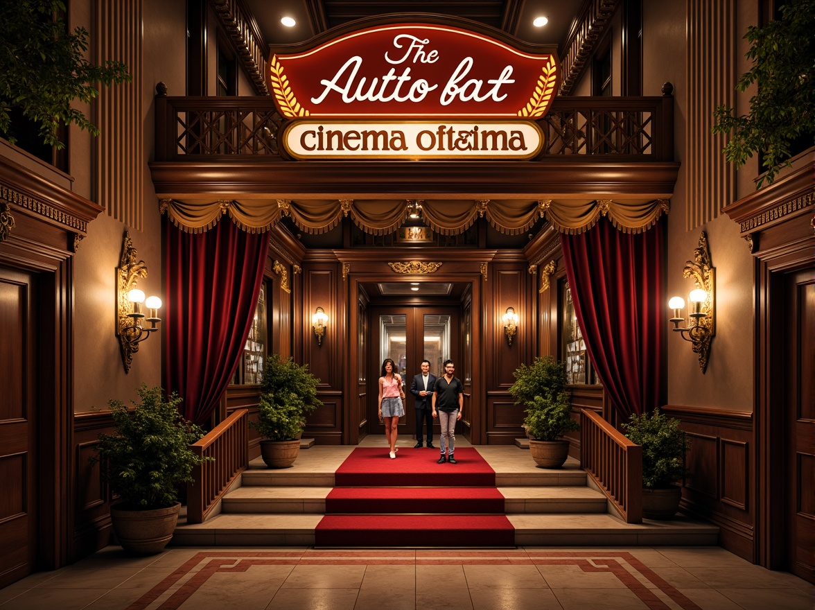 Prompt: Retro cinema facade, ornate decorations, vintage signage, red carpet entrance, grand staircases, luxurious velvet curtains, golden accents, intricate moldings, dimly lit corridors, nostalgic ambiance, warm color palette, softbox lighting, shallow depth of field, 1/1 composition, cinematic framing, realistic textures, ambient occlusion.