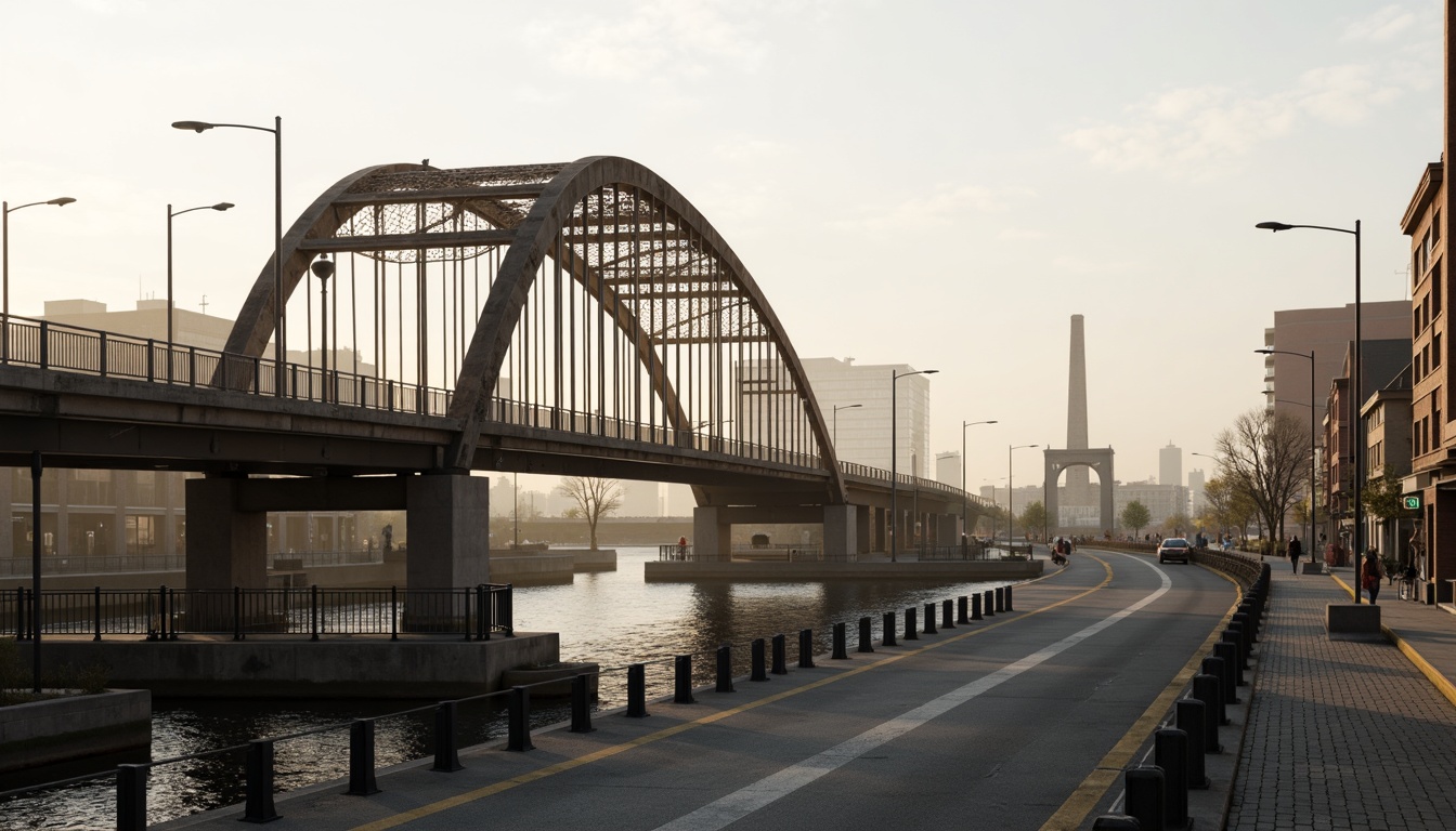 Prompt: Rustic vehicular bridge, steel arches, suspension cables, concrete piers, asphalt roadways, metallic railings, urban cityscape, misty morning fog, soft warm lighting, shallow depth of field, 1/1 composition, realistic textures, ambient occlusion, structural beams, load-bearing columns, reinforced concrete foundations, drainage systems, waterproof coatings, anti-corrosion treatments, safety barriers, pedestrian walkways, scenic overlooks.