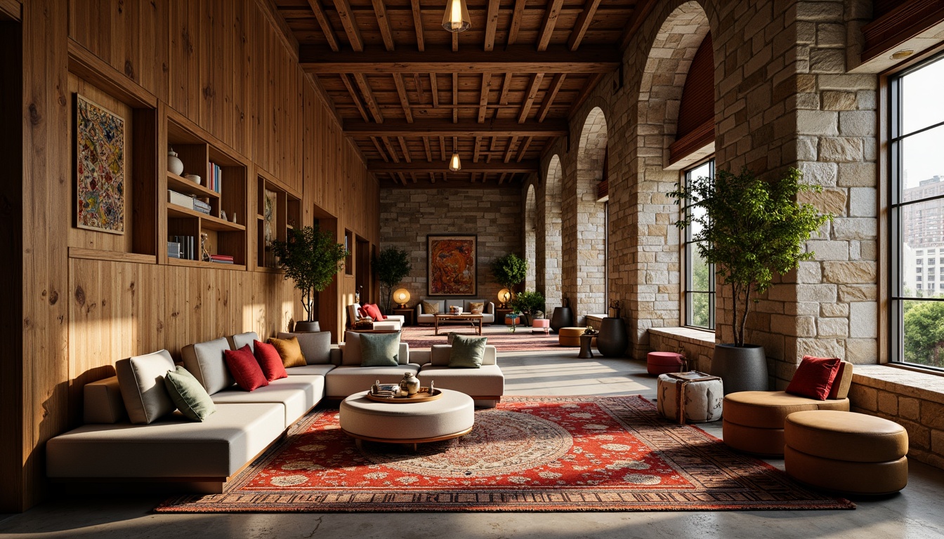 Prompt: Richly textured stone walls, warm wooden accents, soft plush carpets, metallic sheen, glossy glass surfaces, matte concrete floors, vibrant colorful fabrics, intricate patterned rugs, ambient lighting, cozy atmospheric mood, inviting seating areas, natural material palette, earthy tone color scheme, organic shapes, free-flowing curves, eclectic decorative elements, whimsical artistic touches.