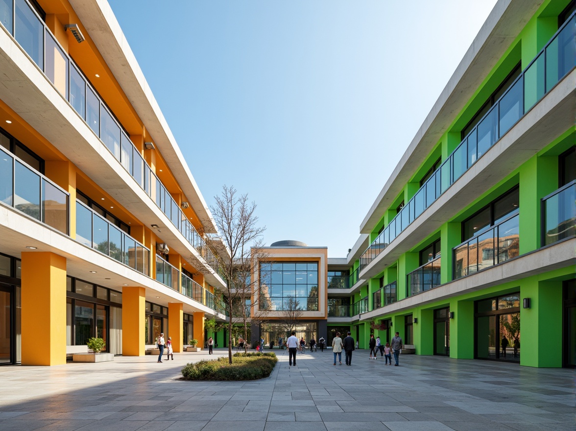 Prompt: Modern high school facade, clean lines, minimalist aesthetic, large glass windows, metal frames, cantilevered roofs, open courtyard, vibrant green walls, educational signage, sleek handrails, polished concrete floors, natural stone cladding, abstract geometric patterns, bold color accents, dynamic shading, 1/1 composition, softbox lighting, realistic reflections, ambient occlusion.