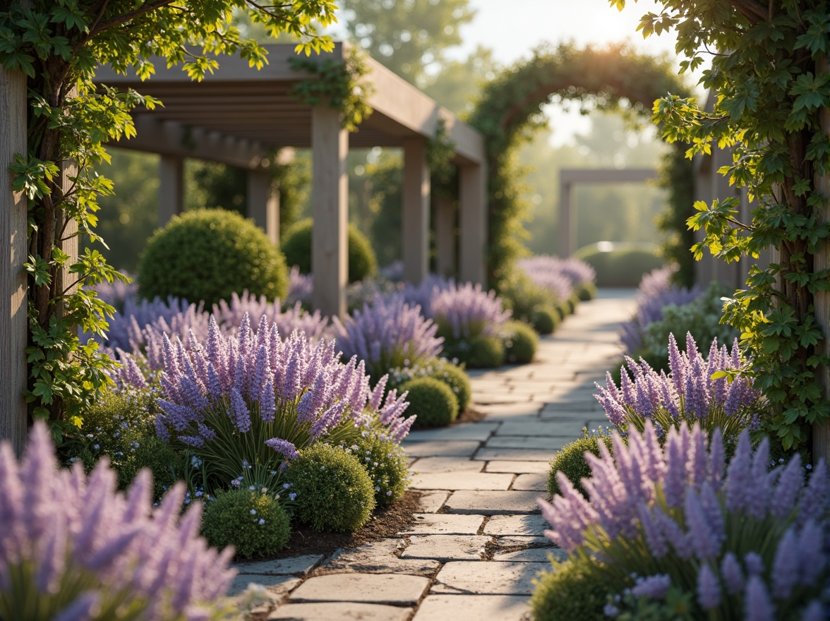 Prompt: Pastel purple flowers, delicate tendrils, soft lavender hues, gentle peach tones, creamy whites, warm beige accents, lush green foliage, whimsical garden scenes, romantic arbors, ornate ironwork, vintage distressed wood, natural stone pathways, dreamy afternoon light, shallow depth of field, 1/1 composition, intimate close-ups, realistic textures, ambient occlusion.