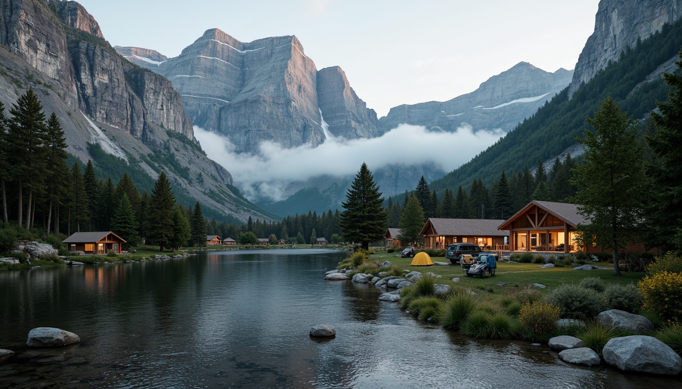 Prompt: Majestic mountain peaks, rugged rocky formations, misty foggy atmosphere, earthy brown terrain, lush green forests, sparkling waterfalls, serene lakeside, rustic wooden cabins, vintage outdoor gear, warm campfire lighting, soft misty morning, cinematic 2.35