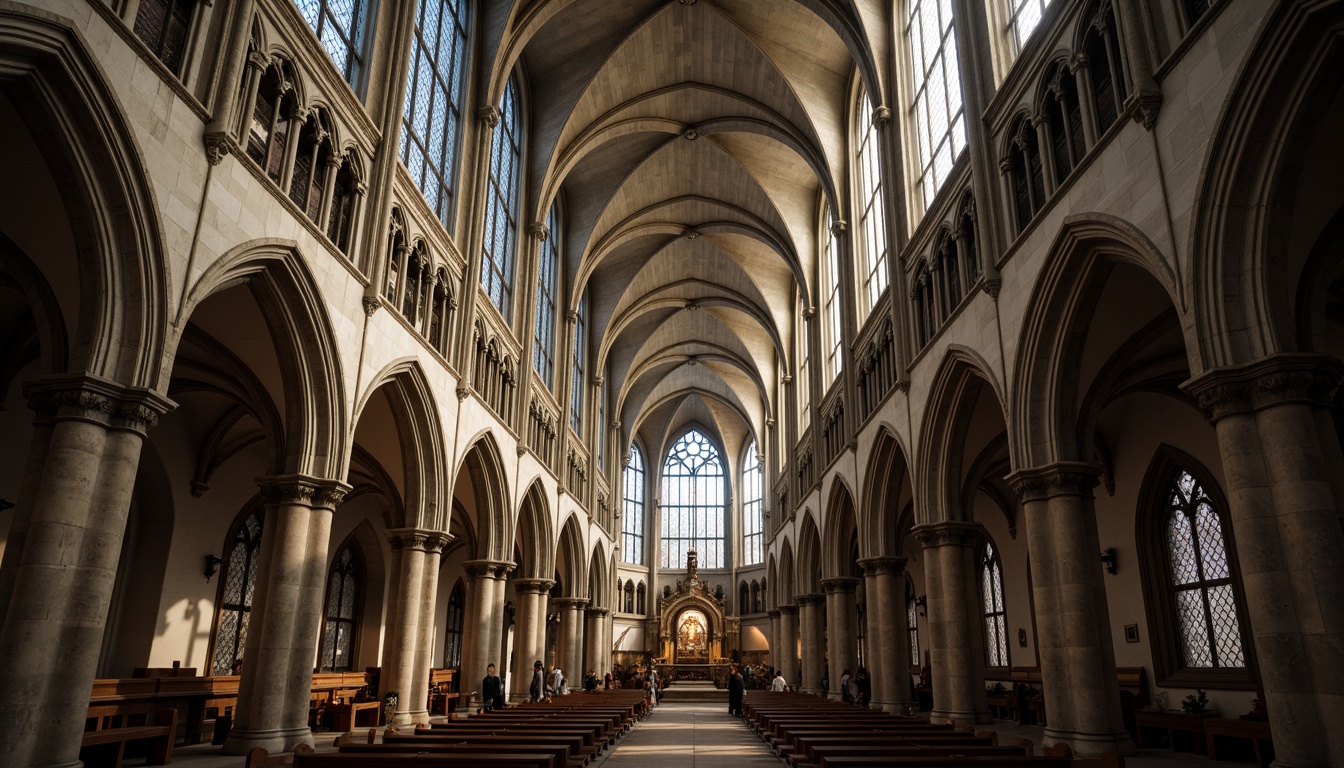 Prompt: Soaring cathedral, pointed arches, ribbed vaults, flying buttresses, stained glass windows, intricate stone carvings, grandiose entranceways, towering spires, vertical emphasis, dramatic height, ornate pinnacles, mystical ambiance, soft warm lighting, high contrast, atmospheric perspective, 1/1 composition, realistic textures, ambient occlusion.