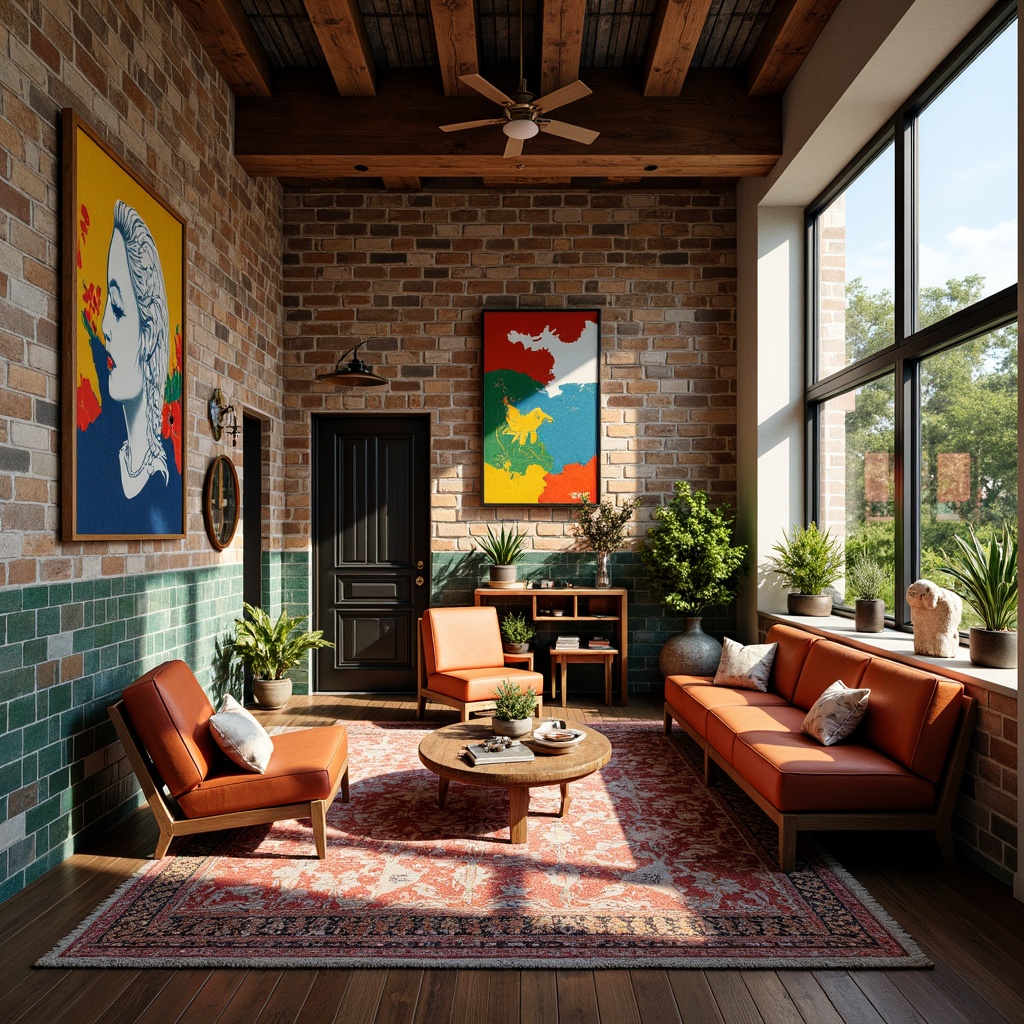 Prompt: Vibrant eclectic homes, mixed material palette, reclaimed wood accents, industrial metal frames, colorful ceramic tiles, natural stone walls, plush velvet upholstery, distressed leather furniture, ornate antique fixtures, bold patterned rugs, eclectic artwork, abstract sculptures, lush greenery, warm ambient lighting, shallow depth of field, 1/1 composition, realistic textures, ambient occlusion.