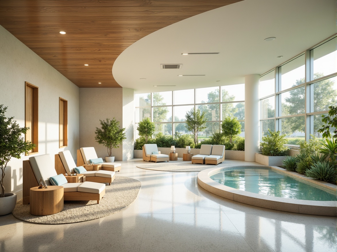 Prompt: Soothing healthcare facility, calming atmosphere, gentle curves, natural wood accents, soft pastel colors, creamy whites, pale blues, muted greens, warm beige tones, comforting textiles, plush furnishings, serene water features, lush green walls, abundant natural light, subtle gradient effects, shallow depth of field, 1/1 composition, realistic reflections, ambient occlusion.