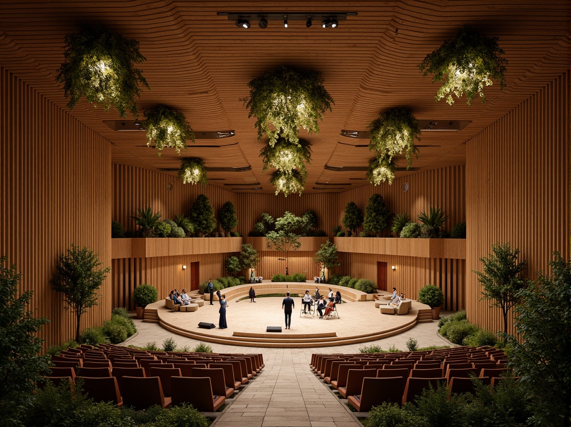 Prompt: Curved concert hall, undulating wooden walls, natural stone flooring, organic-shaped stage, fluid-like seating arrangement, botanical-inspired chandeliers, lush greenery, living walls, reclaimed wood accents, earthy color palette, warm ambient lighting, shallow depth of field, 3/4 composition, panoramic view, realistic textures, ambient occlusion.