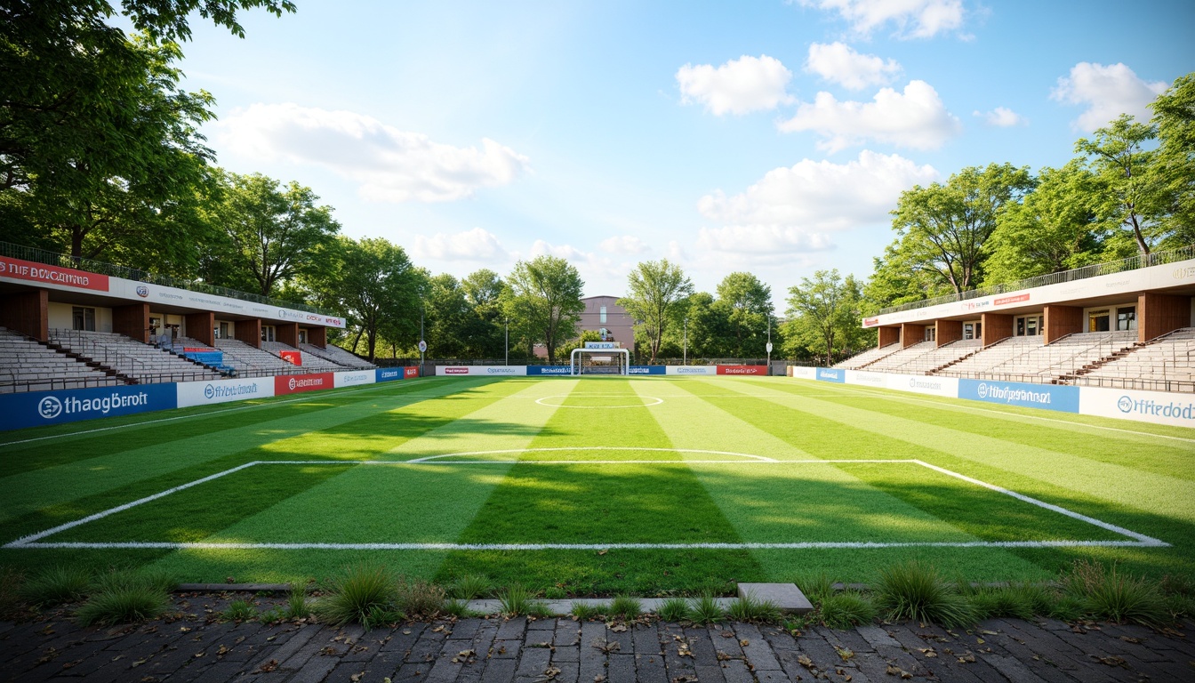 Prompt: Minimalist sports fields, lush green grass, subtle earthy tones, weathered wood bleachers, sleek metal goalposts, clean white lines, vibrant team colors, bold typography, natural stone pathways, rustic chain-link fences, clear blue skies, warm sunny days, soft diffused lighting, shallow depth of field, 3/4 composition, panoramic view, realistic textures, ambient occlusion.