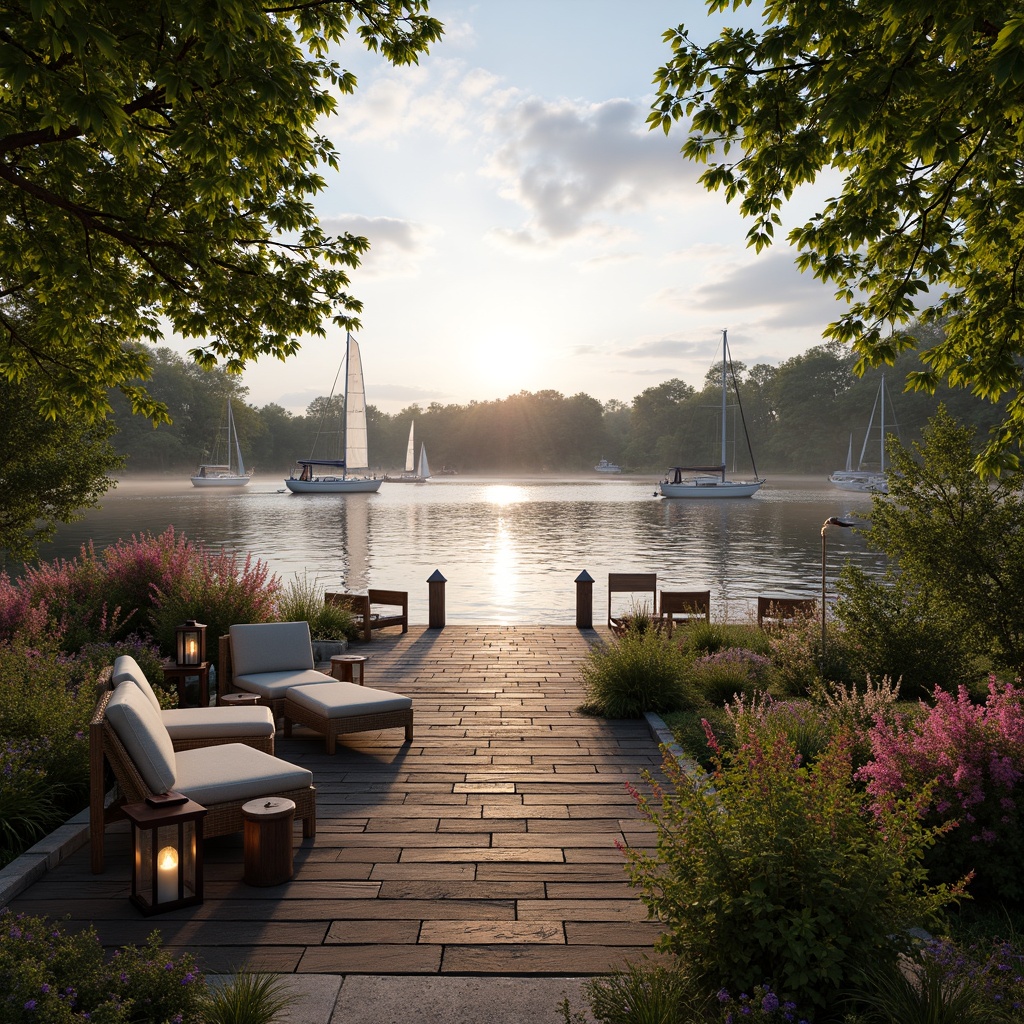 Prompt: Serene waterfront, rustic wooden dock, lush greenery, vibrant flowers, tranquil lake views, sailboats, kayaks, paddleboards, nautical ropes, weathered wood accents, natural stone pathways, lantern-style lighting, warm sunset glow, shallow depth of field, 3/4 composition, panoramic view, realistic textures, ambient occlusion, cozy outdoor seating areas, woven wicker furniture, plush cushions, soft warm lighting, misty morning atmosphere.