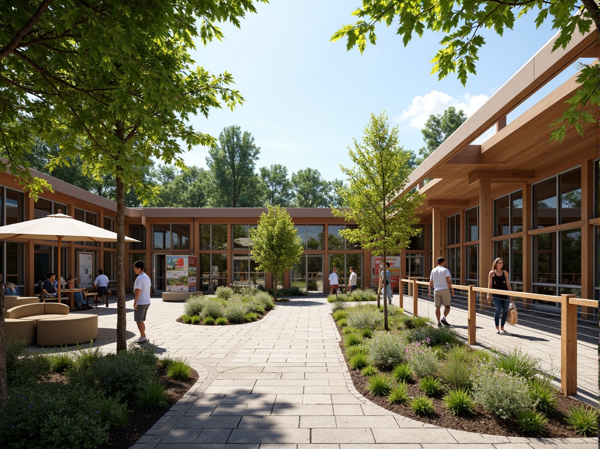 Prompt: \Visitor center courtyard, natural stone paving, lush greenery, native plant species, meandering walkways, educational signage, interactive exhibits, outdoor seating areas, wooden benches, rustic metal railings, modern architecture, large windows, glass doors, cantilevered roofs, sunny day, soft warm lighting, shallow depth of field, 3/4 composition, panoramic view, realistic textures, ambient occlusion.\