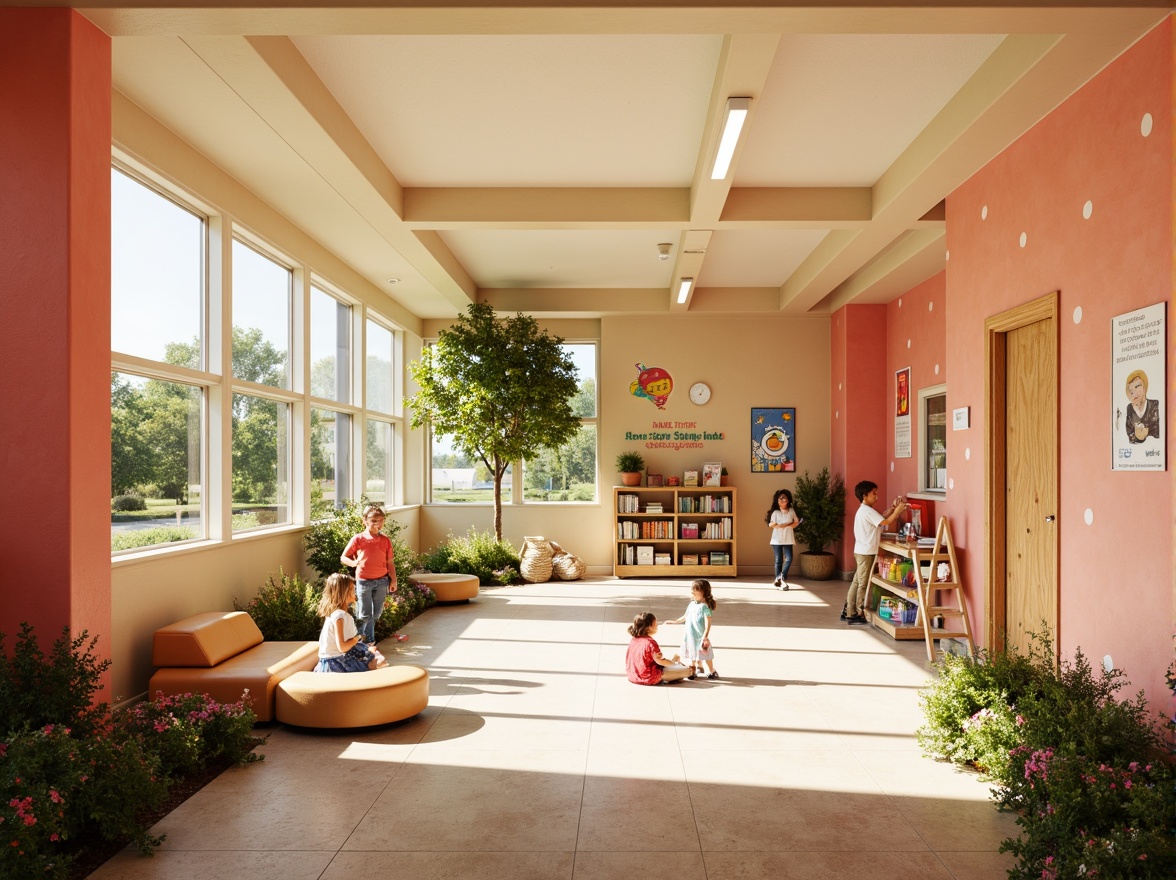 Prompt: Vibrant elementary school, playful color scheme, warm beige walls, soft pastel hues, bright coral accents, creamy white trim, natural wood tones, cheerful polka dots, whimsical illustrations, educational graphics, interactive displays, cozy reading nooks, comfortable seating areas, abundant natural light, large windows, sliding glass doors, lush greenery, blooming flowers, sunny day, gentle warm lighting, shallow depth of field, 3/4 composition, panoramic view, realistic textures, ambient occlusion.