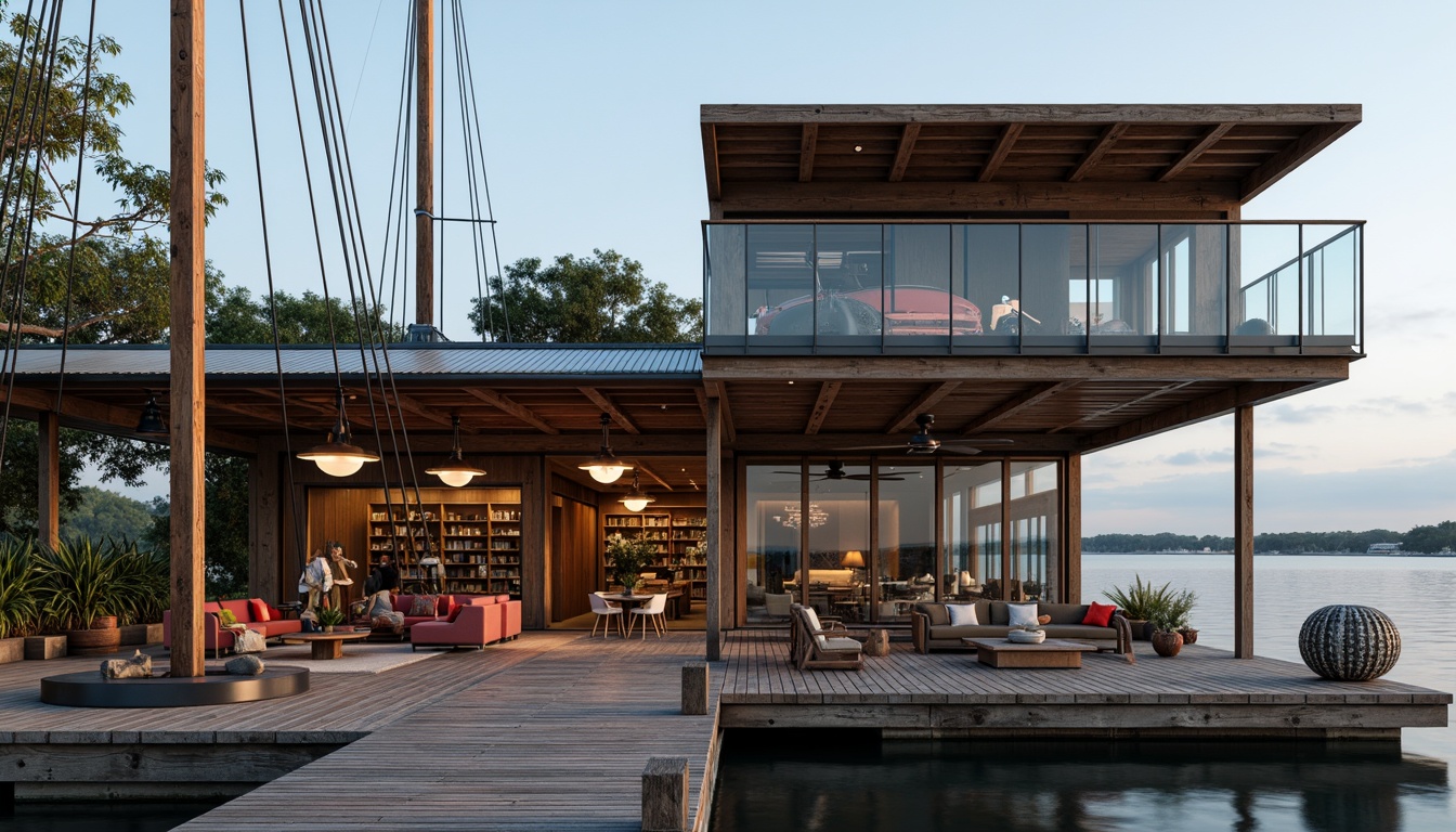 Prompt: Waterfront boathouse, rustic wooden dock, nautical ropes, sailboat masts, weathered wood accents, corrugated metal roofing, glass-enclosed observation deck, cantilevered upper floor, angular steel beams, industrial-style lighting fixtures, reclaimed wood interior, cozy reading nooks, plush furnishings, warm ambient lighting, shallow depth of field, 1/1 composition, realistic textures, soft focus effect.