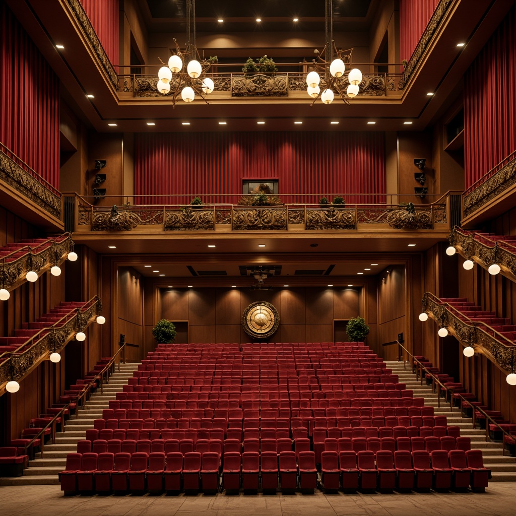 Prompt: Luxurious auditorium interior, rich velvet curtains, warm golden lighting, dark wood accents, plush red seats, ornate metal details, grand chandeliers, sophisticated sound systems, acoustic panels, dramatic spotlights, soft carpeting, elegant staircases, refined architectural lines, subtle texture contrasts, atmospheric ambiance, 1/2 composition, cinematic lighting, realistic reflections.