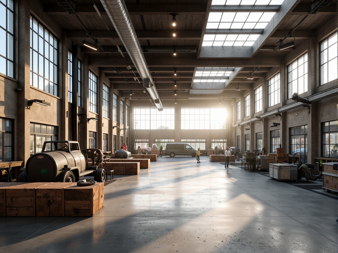 Prompt: Industrial factory setting, minimalist aesthetic, exposed ductwork, polished concrete floors, steel beams, large windows, clerestory windows, skylights, transparent roofs, natural light pouring in, soft warm glow, subtle shadows, industrial chic decor, reclaimed wood accents, metal machinery, functional simplicity, open floor plan, airy atmosphere, diffused lighting, 1/1 composition, realistic textures, ambient occlusion.