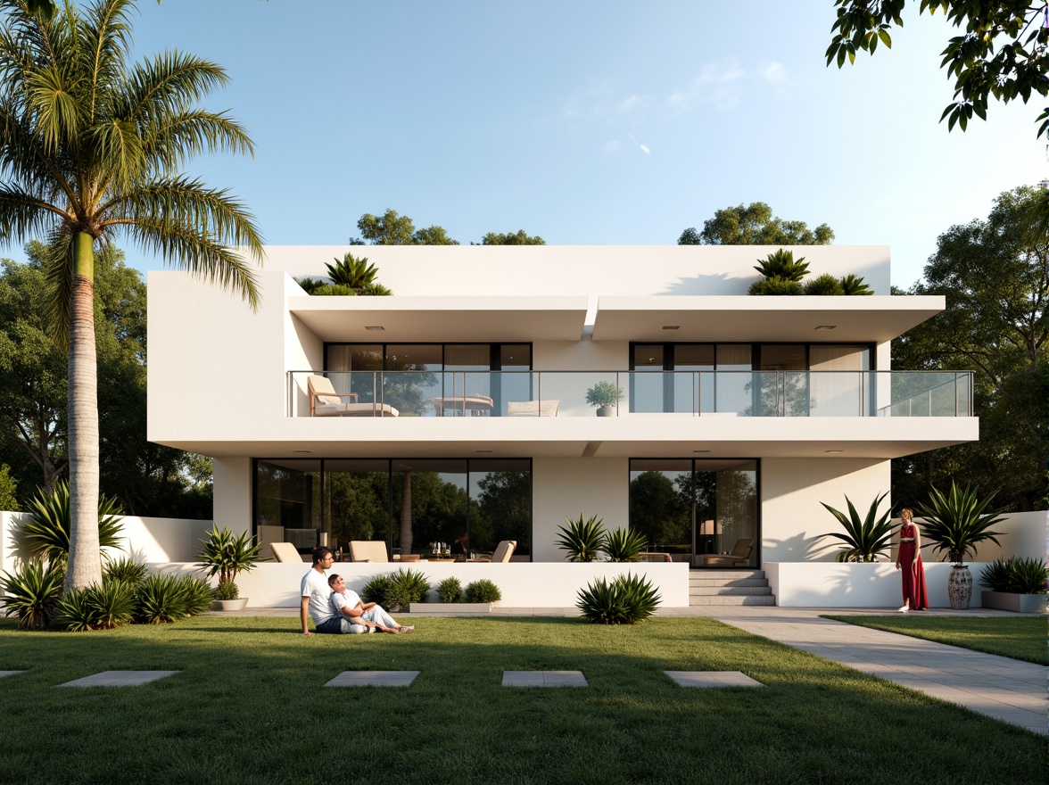 Prompt: Luxurious villa, modernist facade, clean lines, minimal ornamentation, large windows, sliding glass doors, white stucco walls, flat roofs, cantilevered balconies, steel railings, lush greenery, tropical plants, palm trees, sunny day, soft warm lighting, shallow depth of field, 3/4 composition, panoramic view, realistic textures, ambient occlusion.