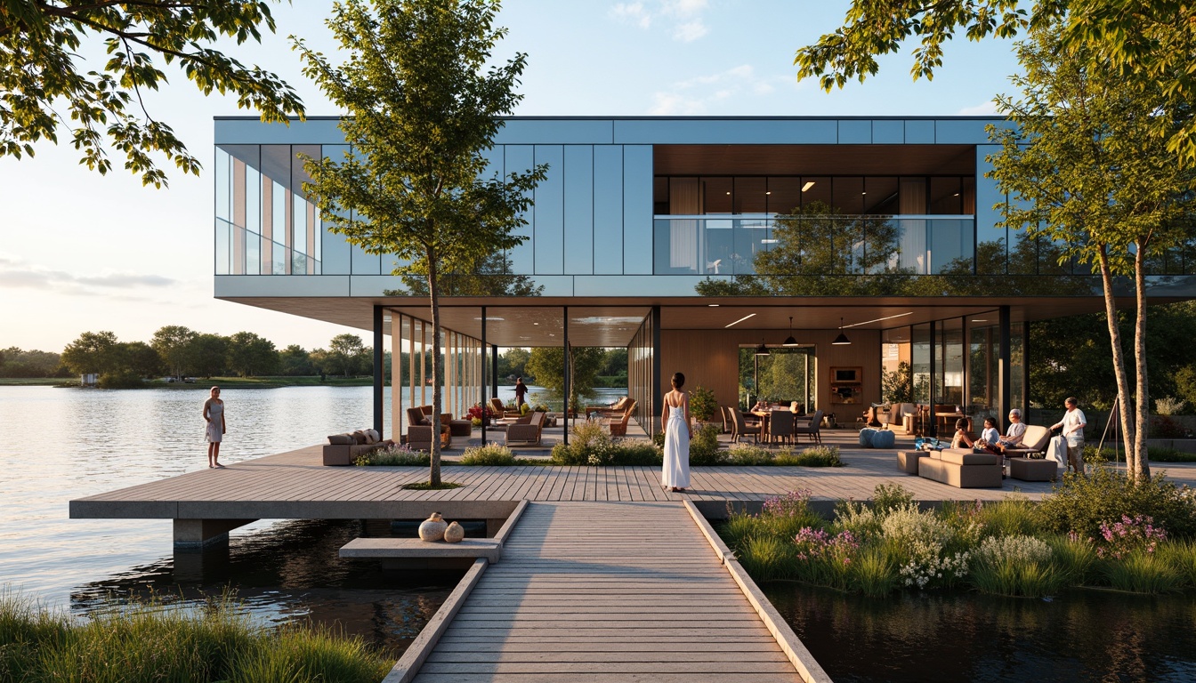 Prompt: Waterfront boathouse, rustic wooden docks, serene lake views, modern glazing systems, floor-to-ceiling windows, sliding glass doors, reflective water-inspired fa\u00e7ades, angular metal frames, minimalist design, sustainable energy solutions, solar panels, green roofs, eco-friendly materials, innovative cooling technologies, shaded outdoor spaces, misting systems, nautical-themed decorations, vibrant colorful textiles, intricate geometric motifs, warm soft lighting, shallow depth of field, 3/4 composition, panoramic view, realistic textures, ambient occlusion.