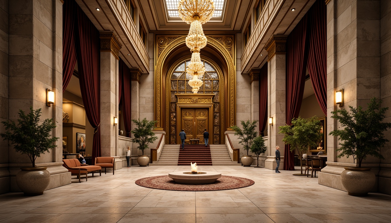 Prompt: Grandiose memorial center, ornate bronze doors, intricate geometric patterns, lavish chandeliers, opulent marble floors, ornamental metalwork, stylized floral motifs, luxurious velvet drapes, majestic stone columns, symmetrical architecture, grand staircases, dramatic lighting effects, warm golden tones, shallow depth of field, 1/2 composition, realistic textures, ambient occlusion.